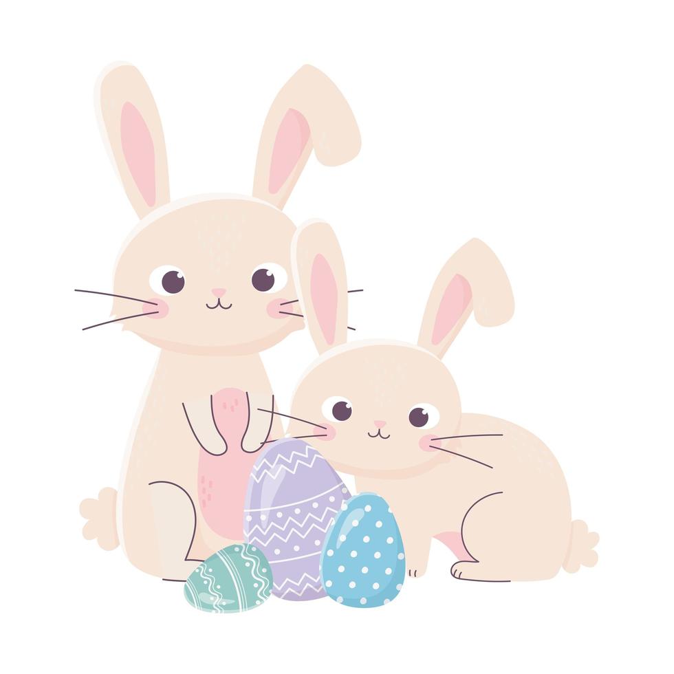 happy easter day, rabbits and decorative eggs nature vector