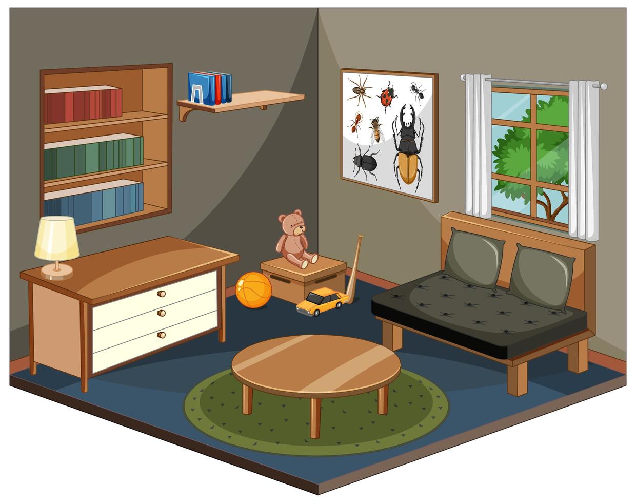 Living room with furnitures isometric vector