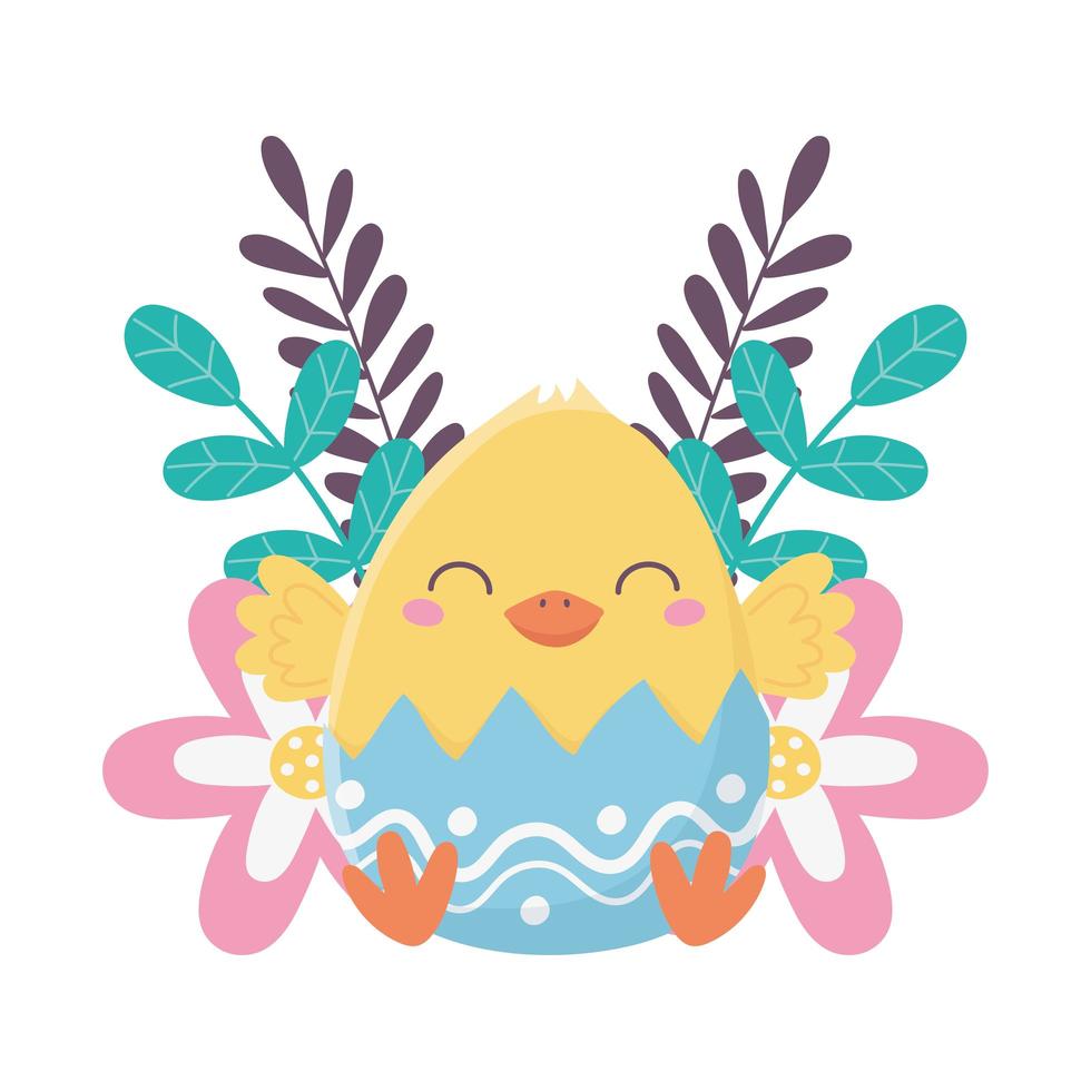 feliz día de pascua, pollo en cáscara de huevo decoración de flores vector