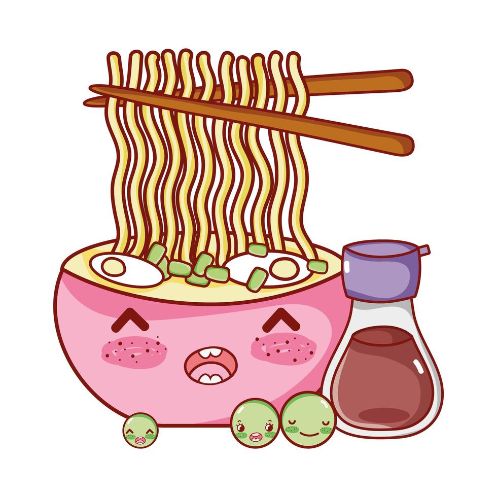 kawaii fideos sopa sake y guisantes comida dibujos animados japoneses, sushi y rollos vector