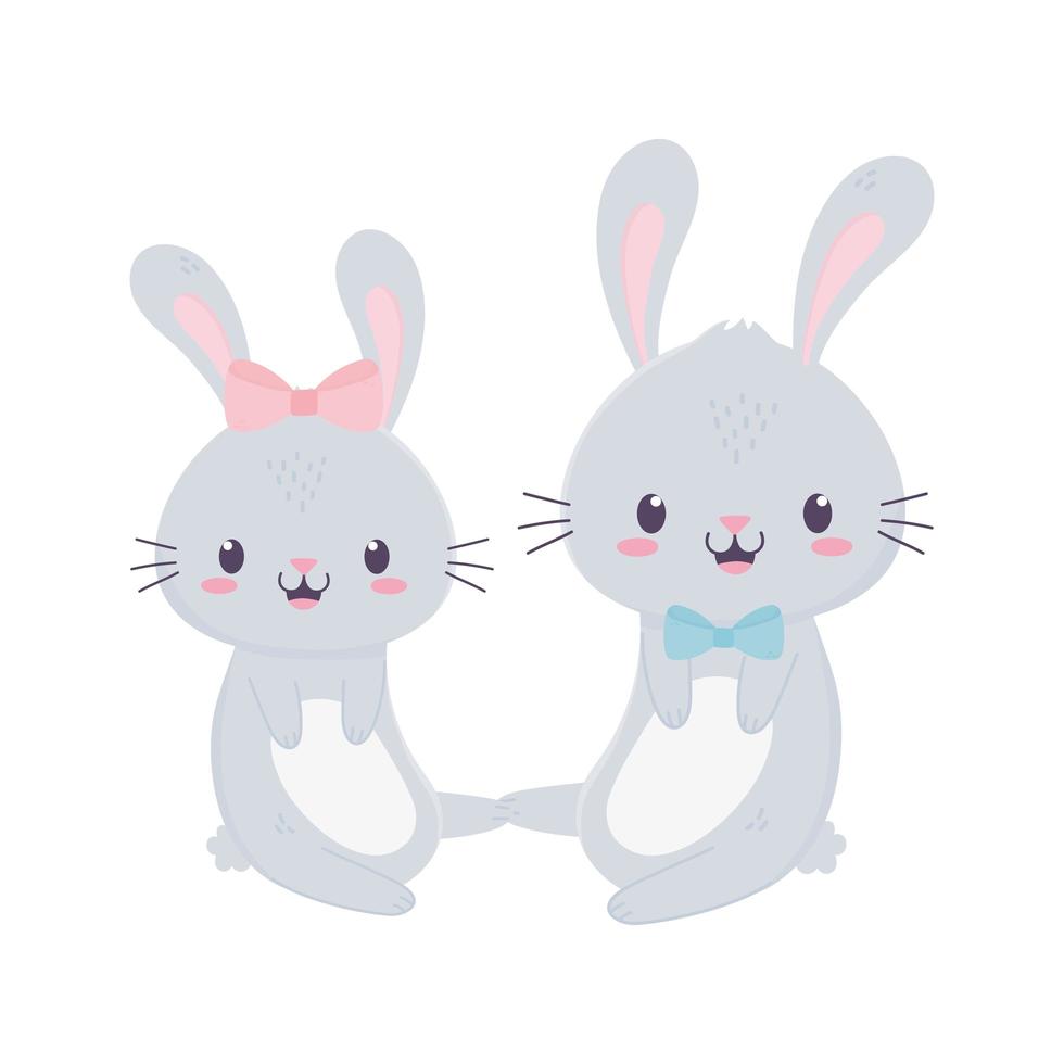 Linda pareja de conejos con pajarita icono aislado de dibujos animados de animales vector