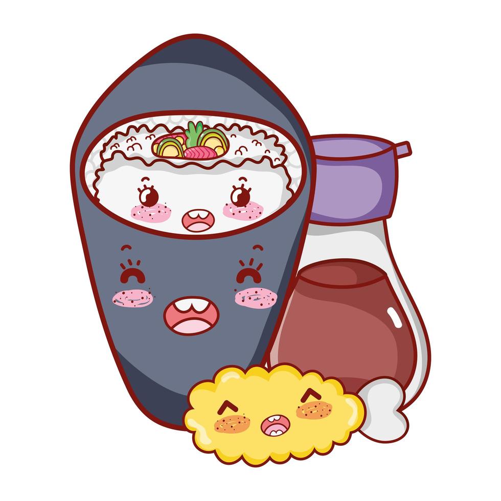 kawaii sake fish meat food japanese cartoon, sushi and rolls vector