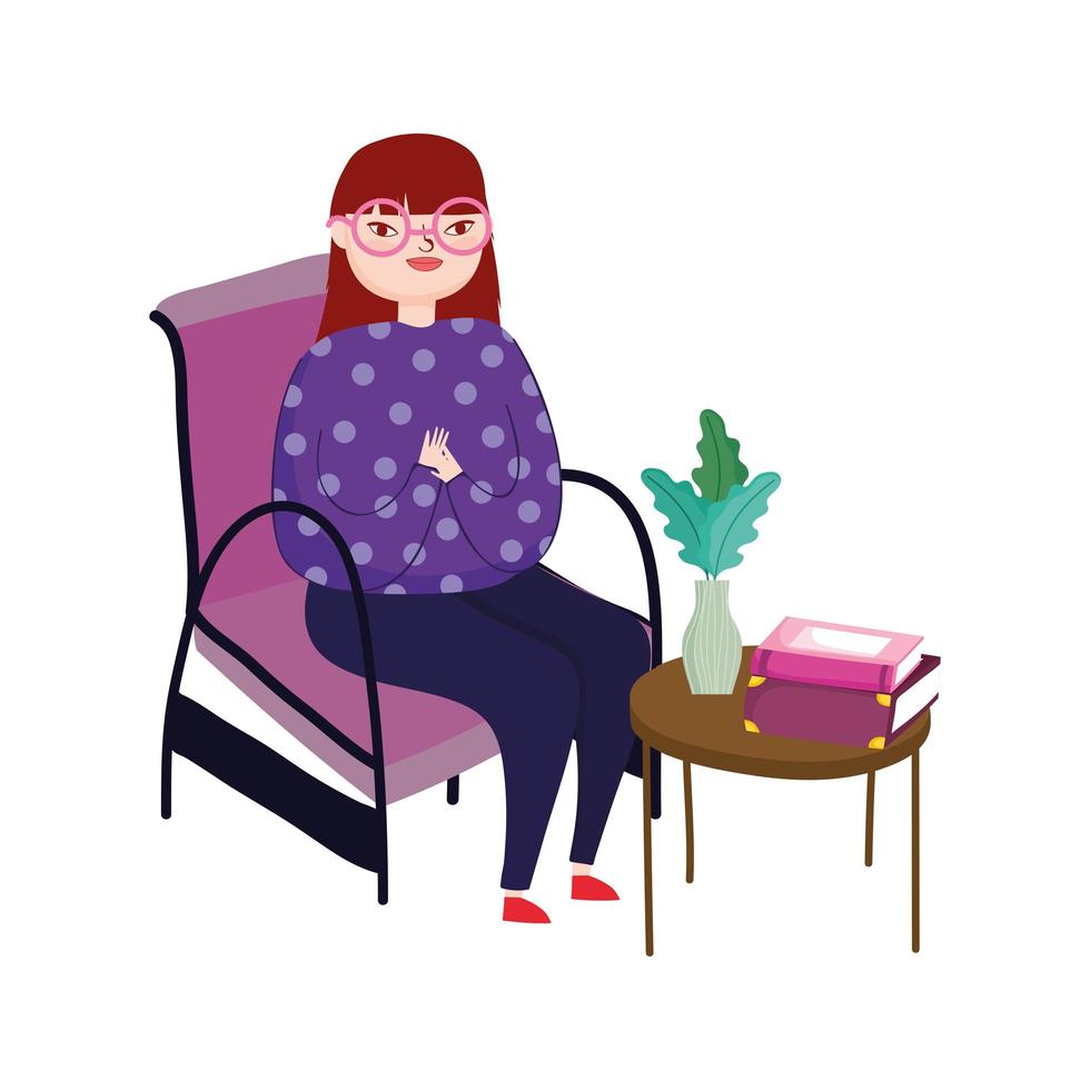 young woman sitting in chair side table with books and flower, book day vector