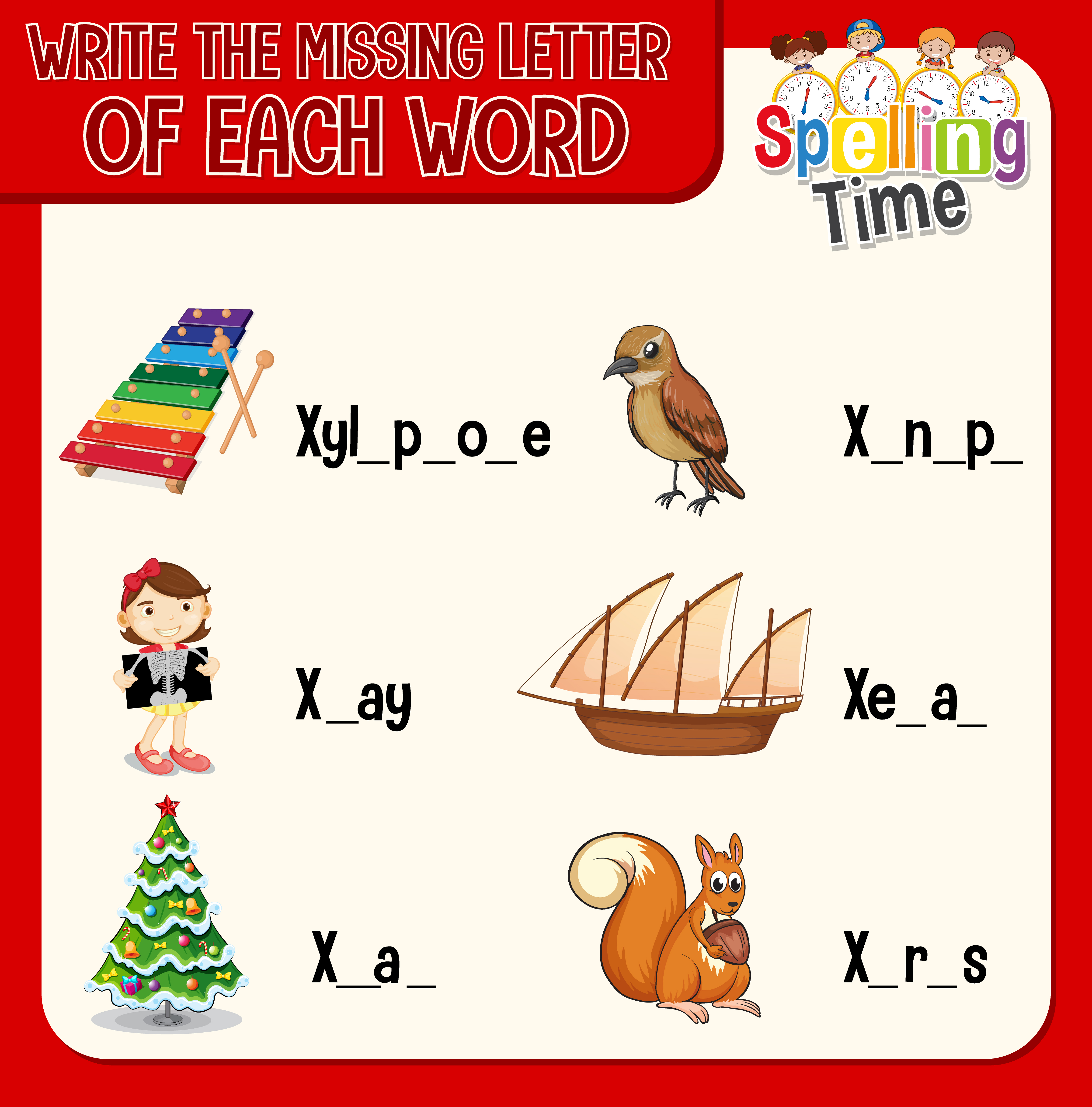 Write the missing letter of each word worksheet for children