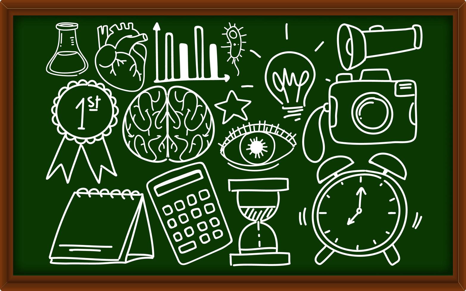 Diferentes trazos de doodle sobre material escolar en pizarra vector