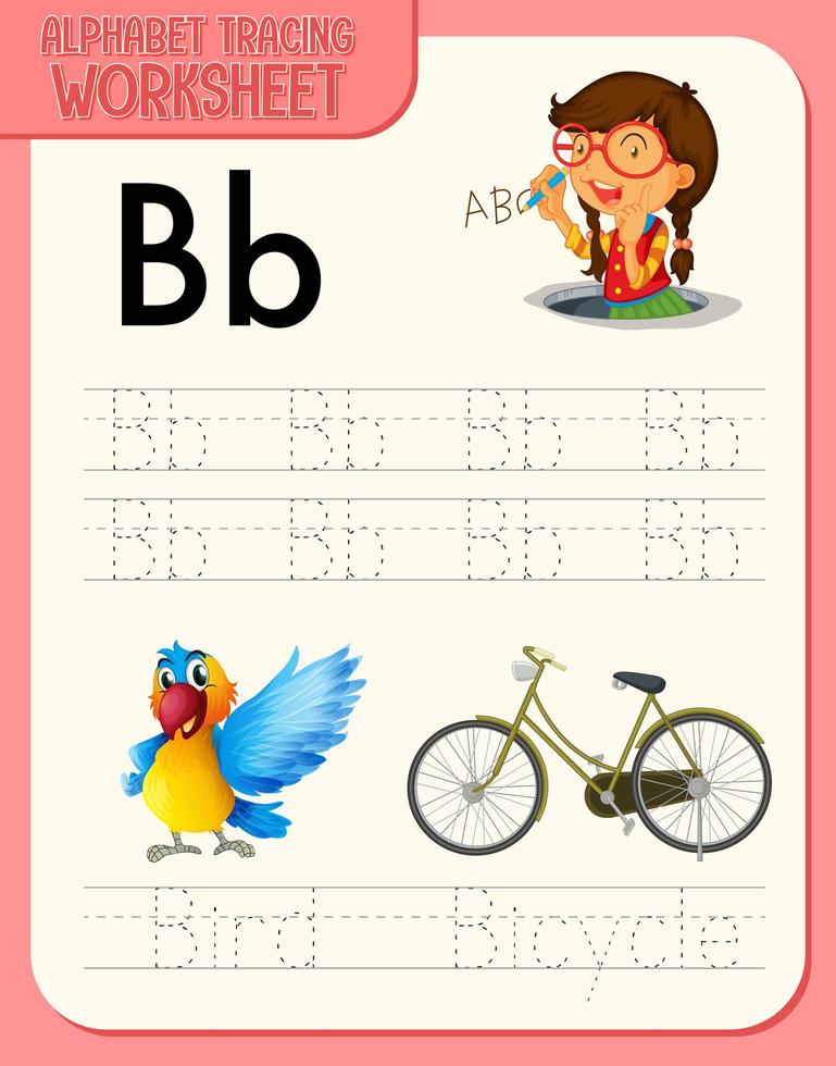 Alphabet tracing worksheet with letter and vocabulary vector