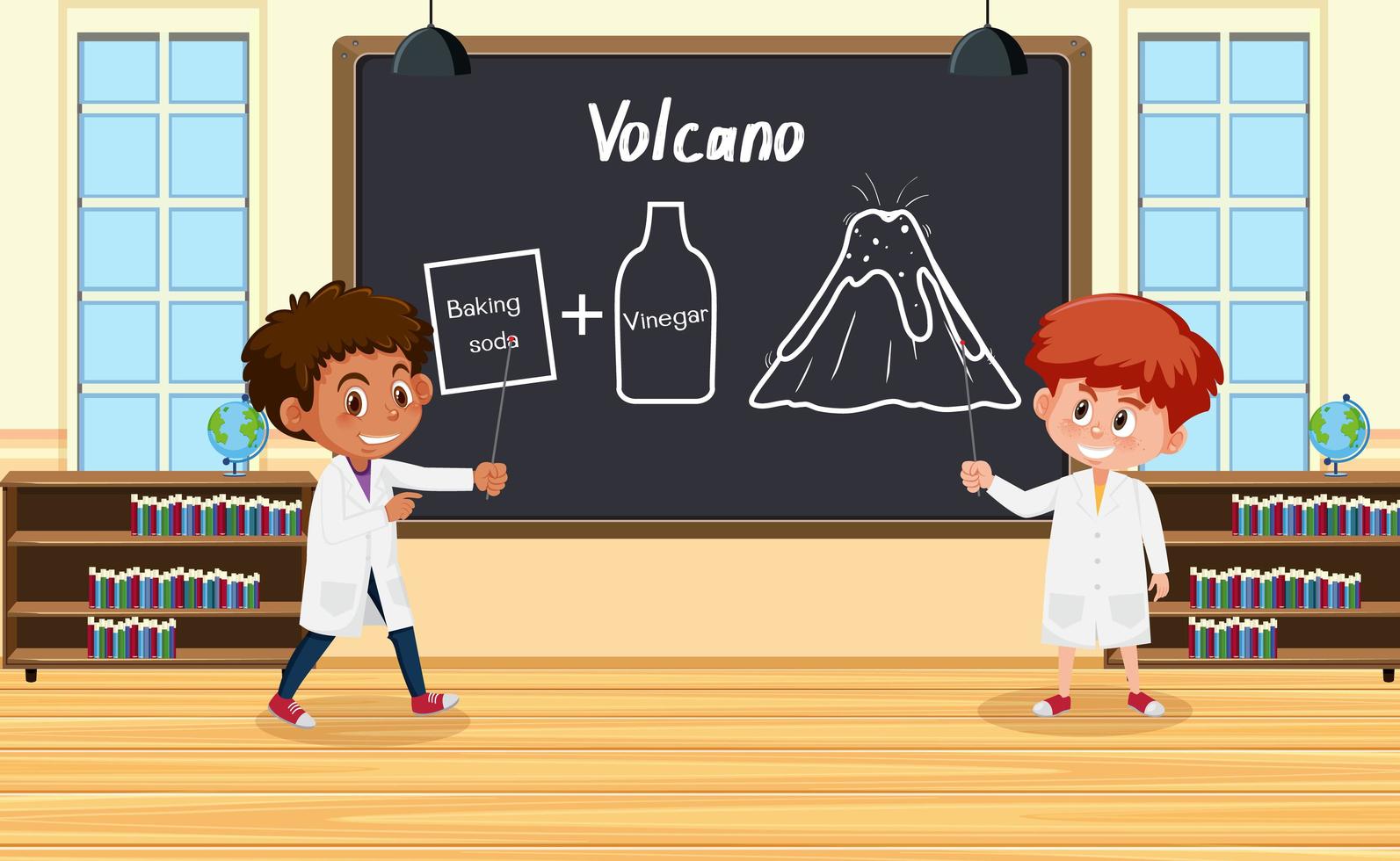 Joven científico explicando el experimento del volcán delante de una placa en el laboratorio vector
