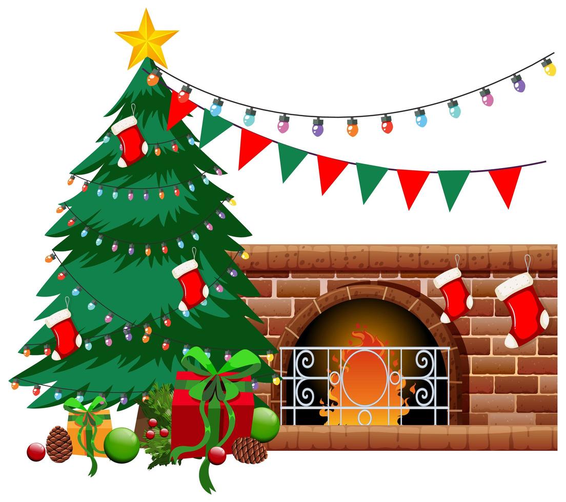 Chimenea con árbol de navidad y objetos sobre fondo blanco. vector