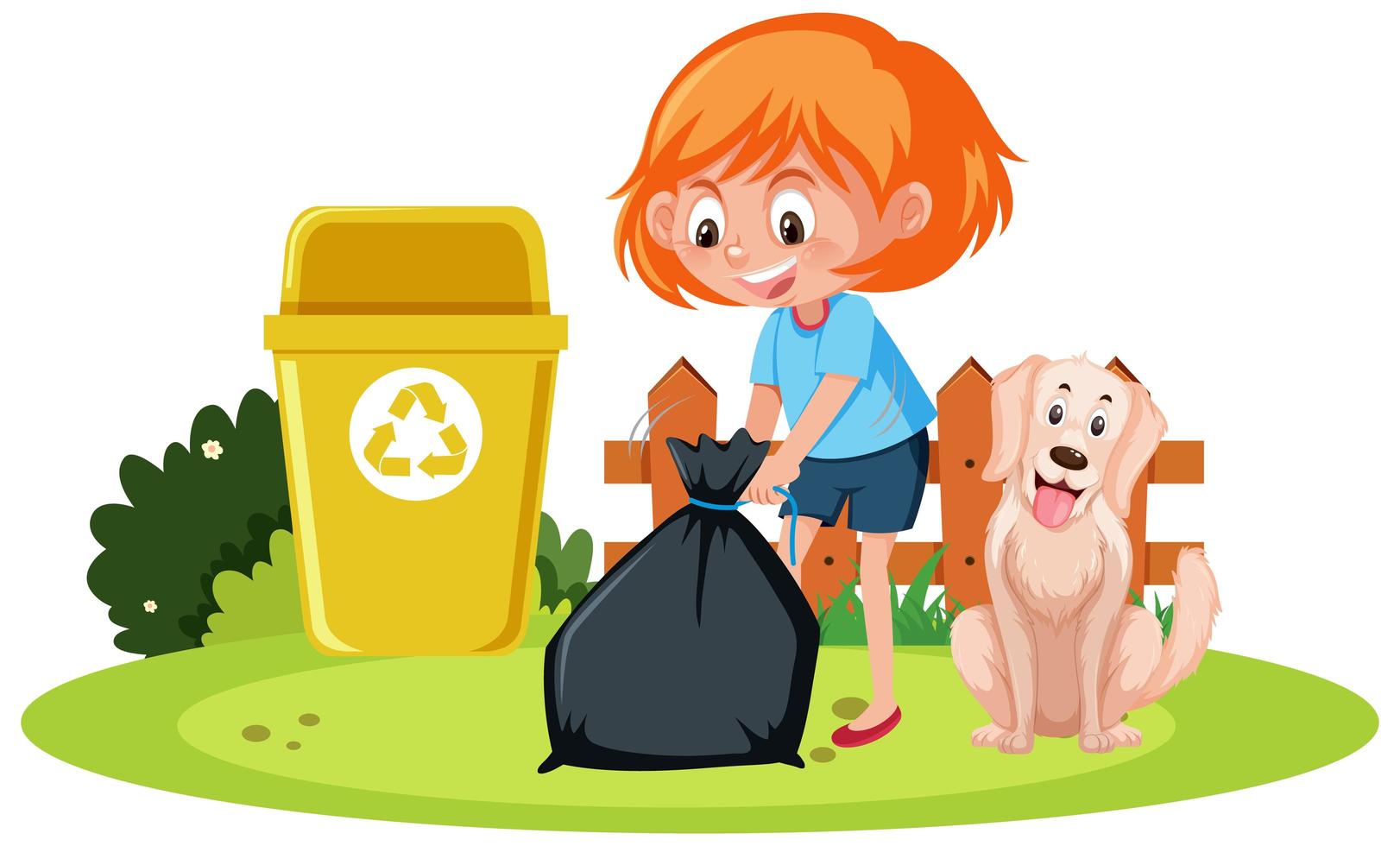 A girl holding trash wth a dog on white background vector