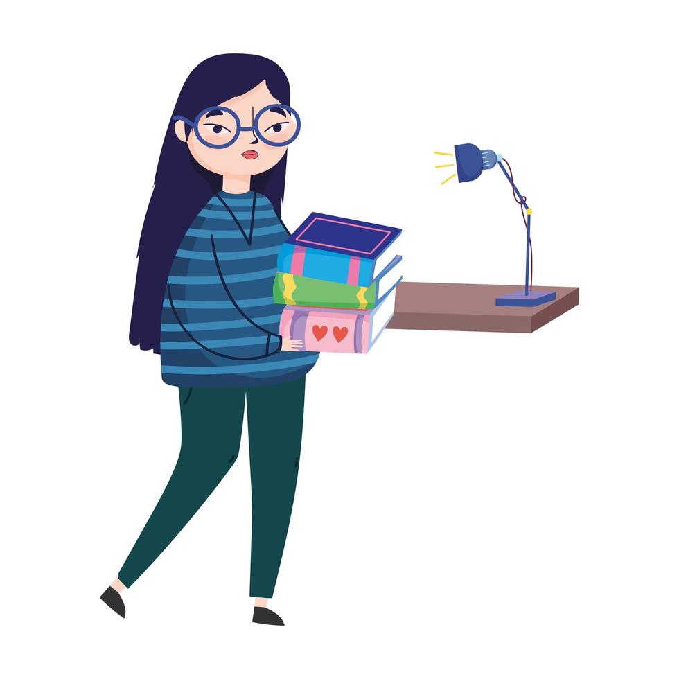 young woman books and bookshelf lamp decoration, book day vector