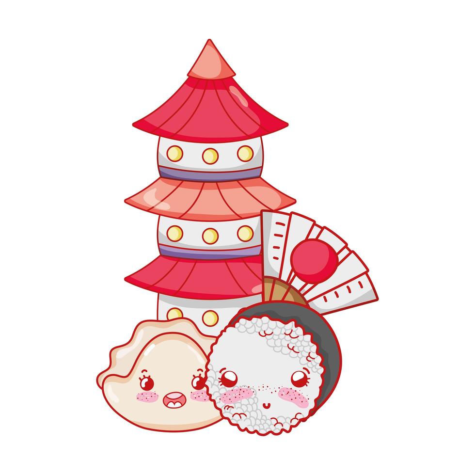 Pagoda de sushi kawaii y dibujos animados japoneses, sushi y rollos vector