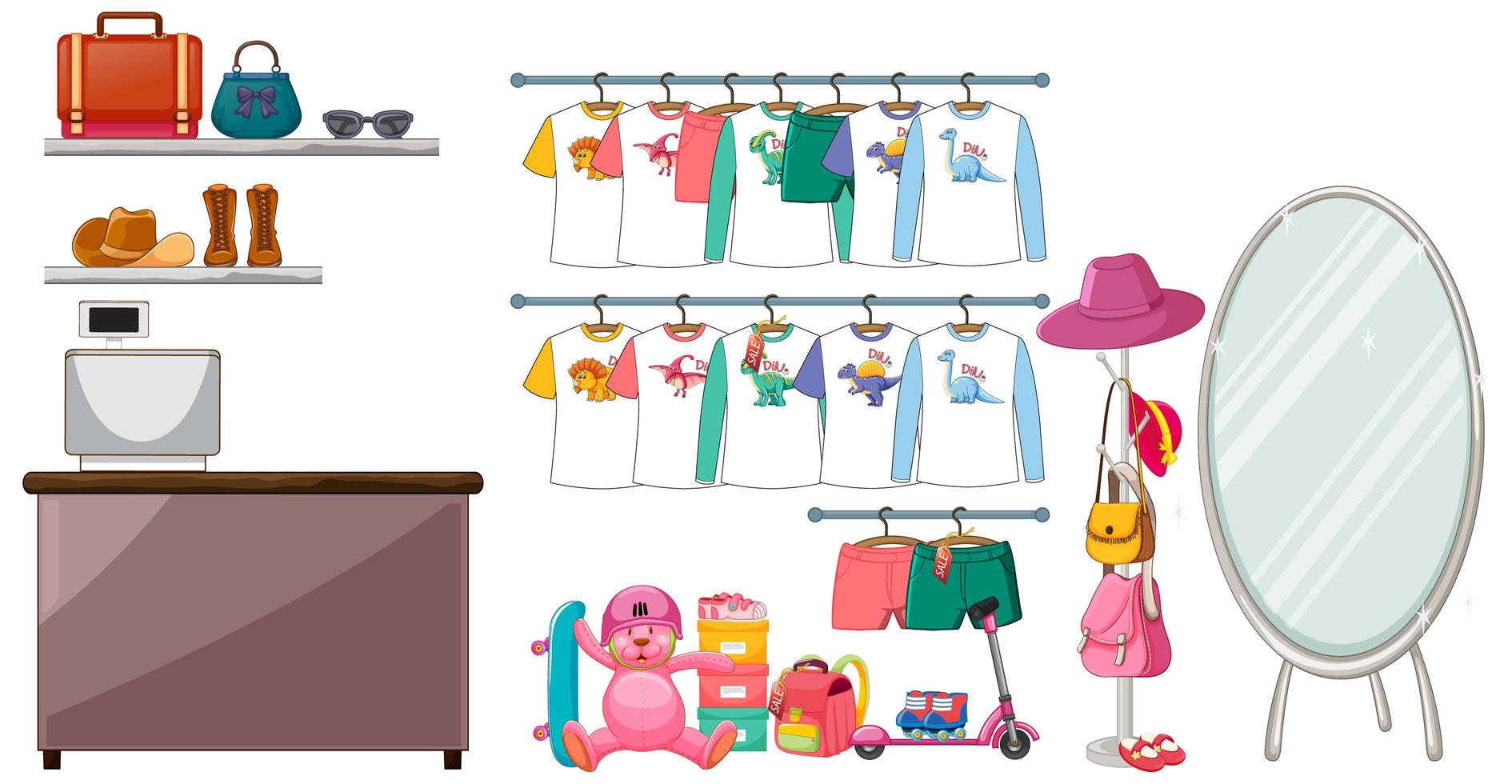 Children clothes hanging on clothes rack with accessories on white background vector