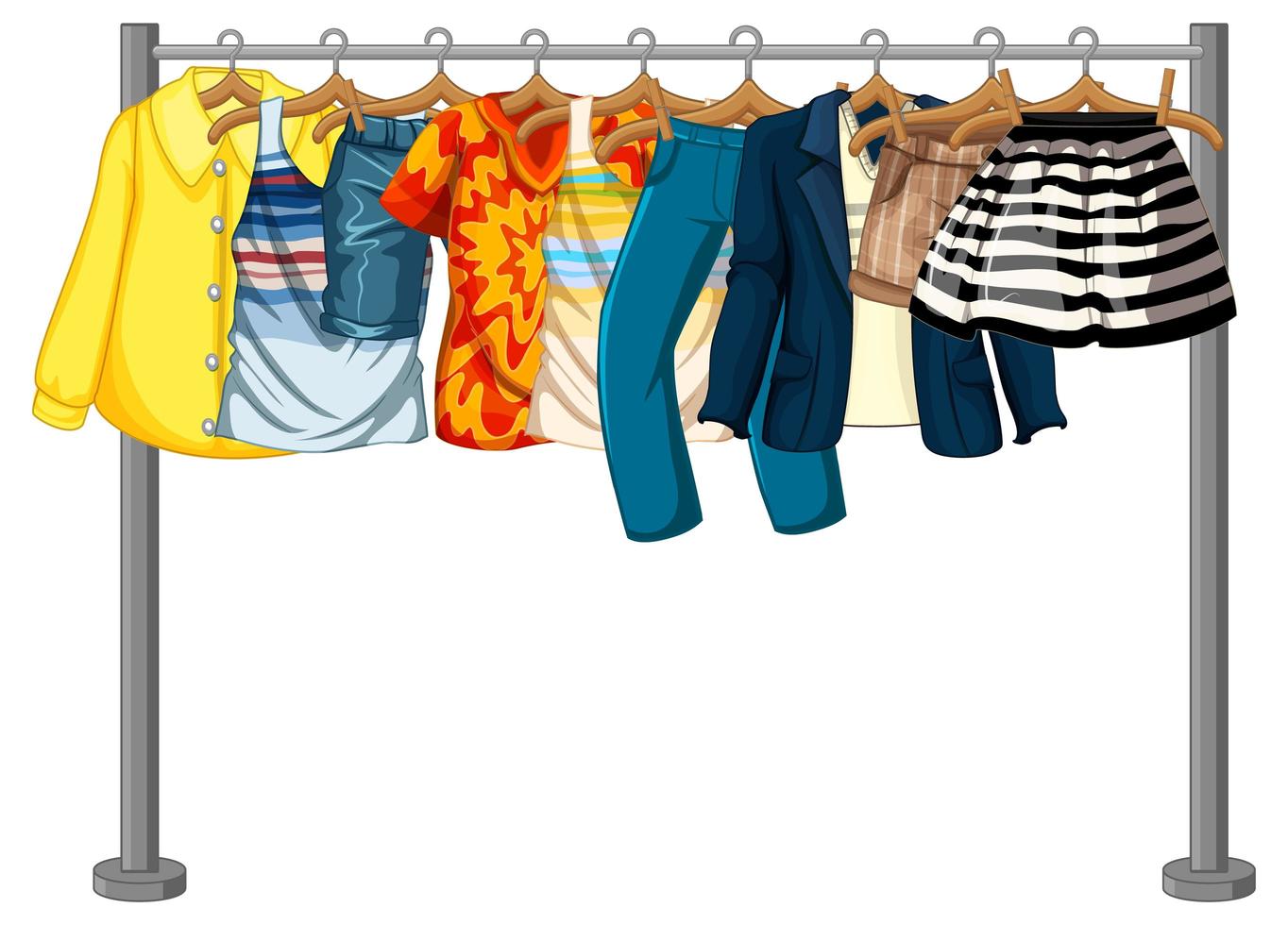 Many clothes hanging on a clothes rack on white background vector