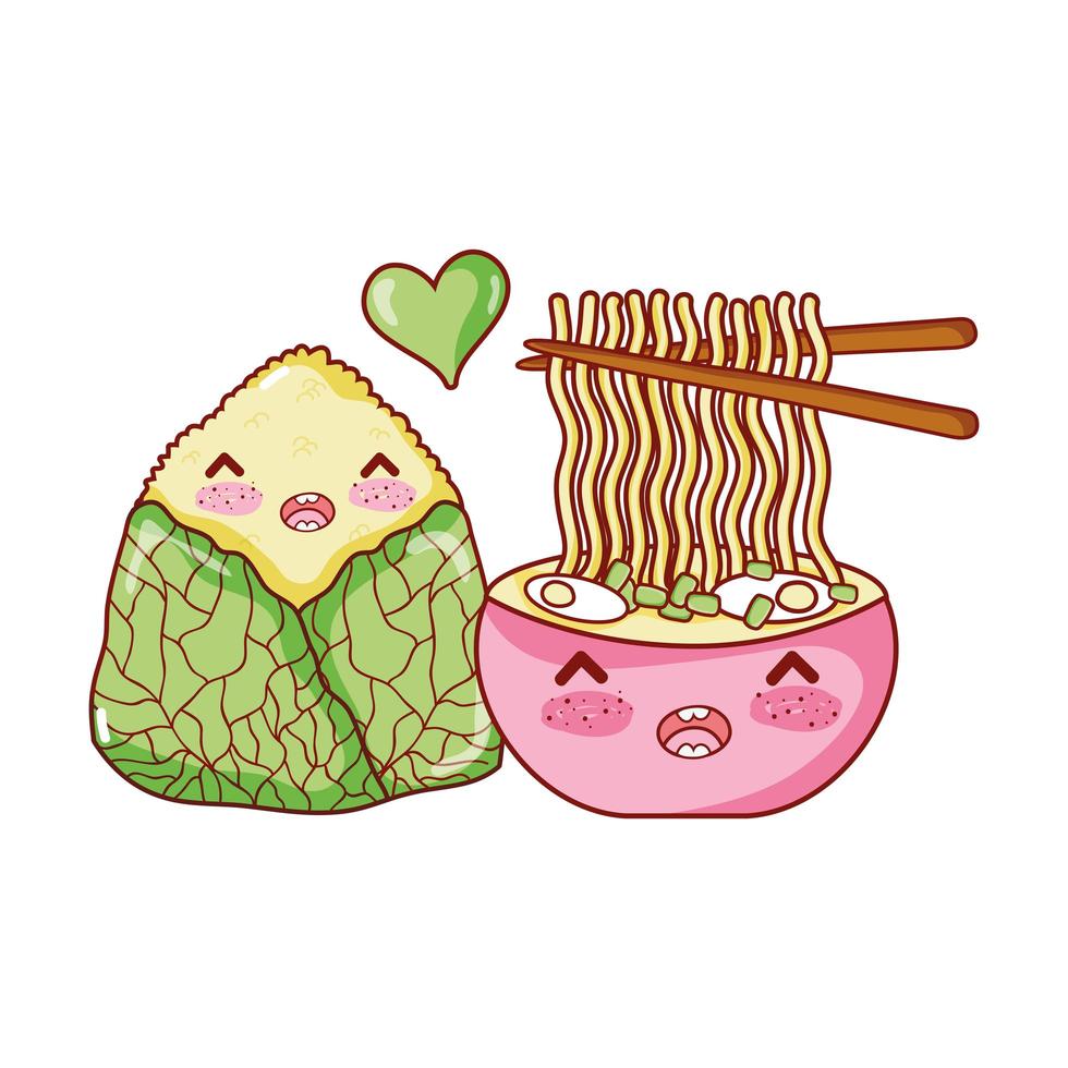 kawaii ramen soup and rice food japanese cartoon, sushi and rolls vector