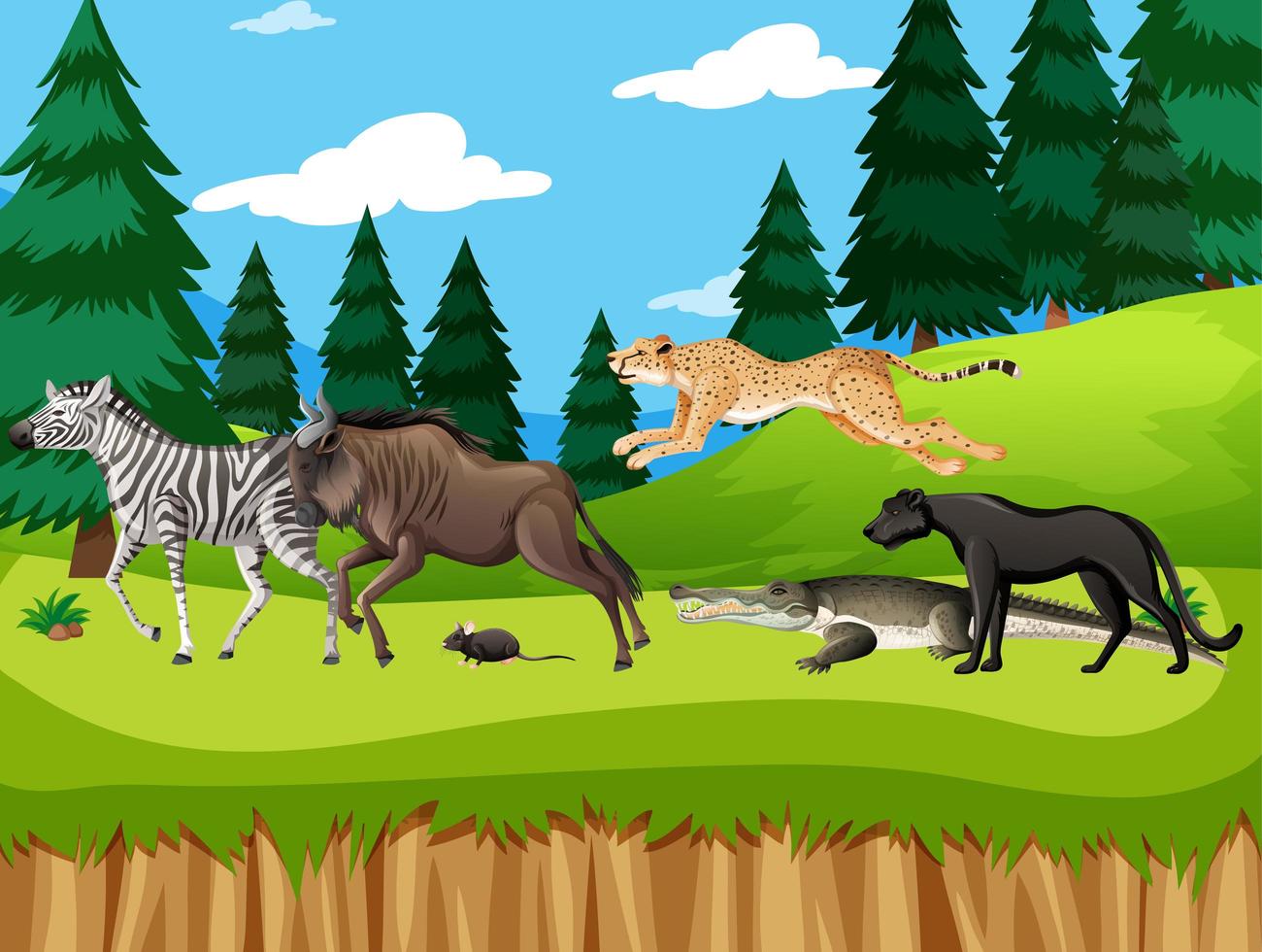 Group of wild african animal in the forest scene vector