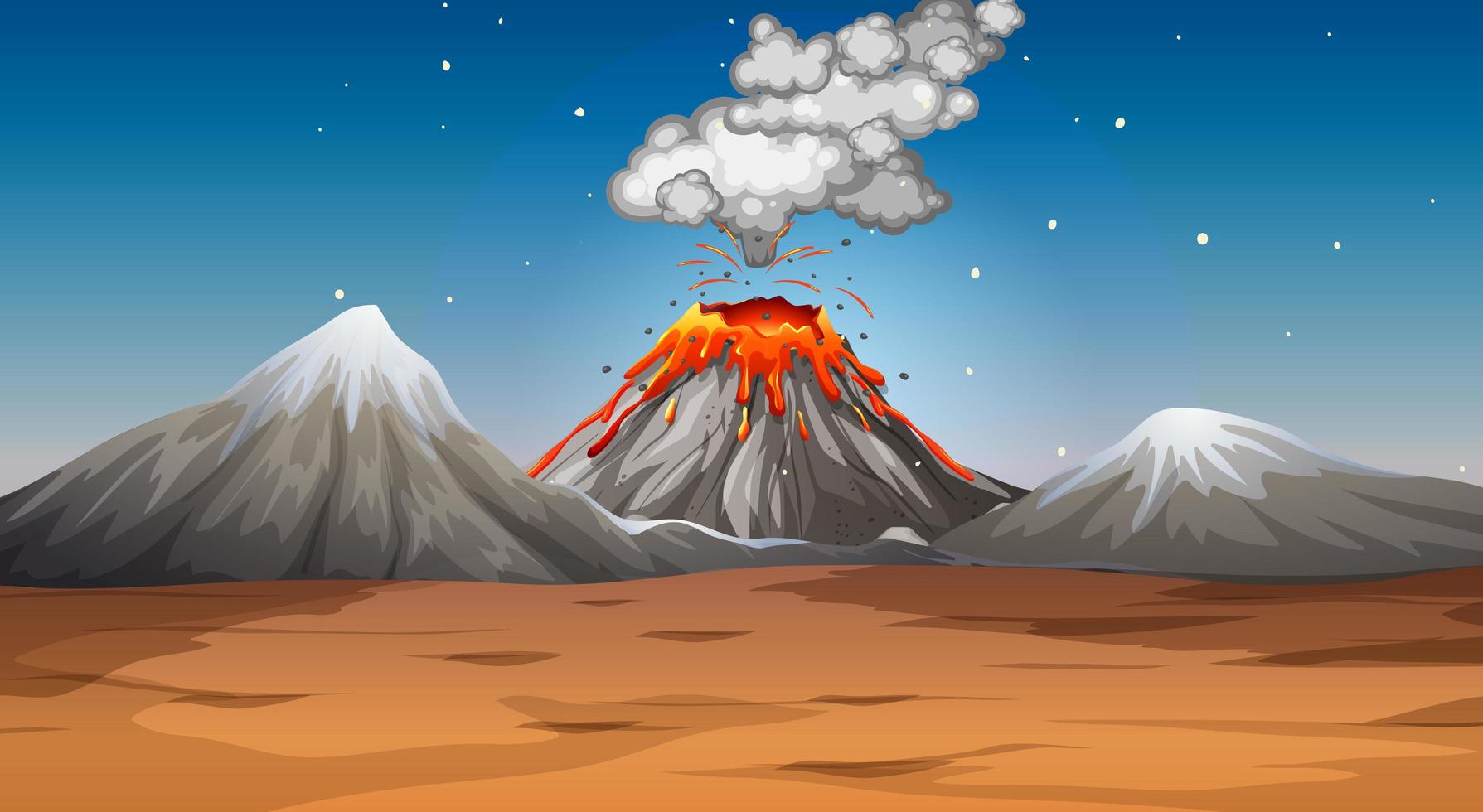 Volcano eruption in desert scene at night vector