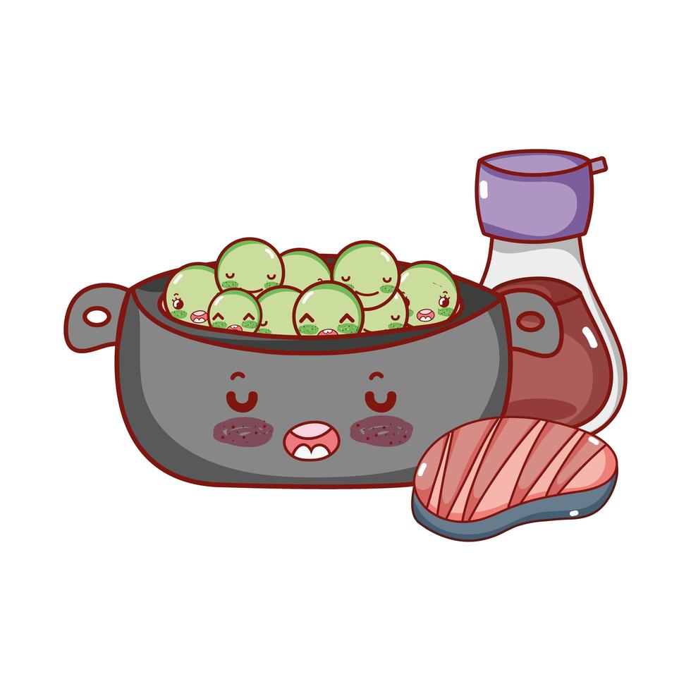 kawaii cooking pot peas meat and sake food japanese cartoon, sushi and rolls vector