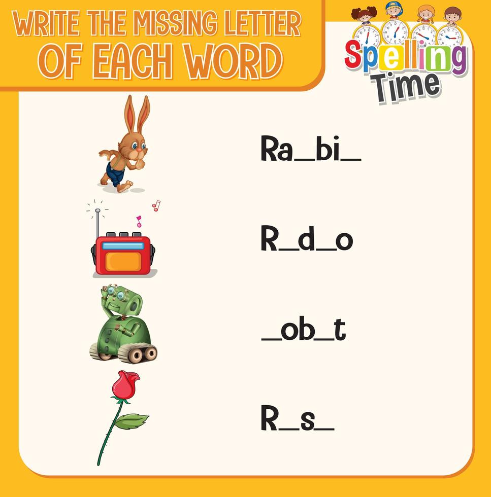 Write the missing letter of each word worksheet for children vector