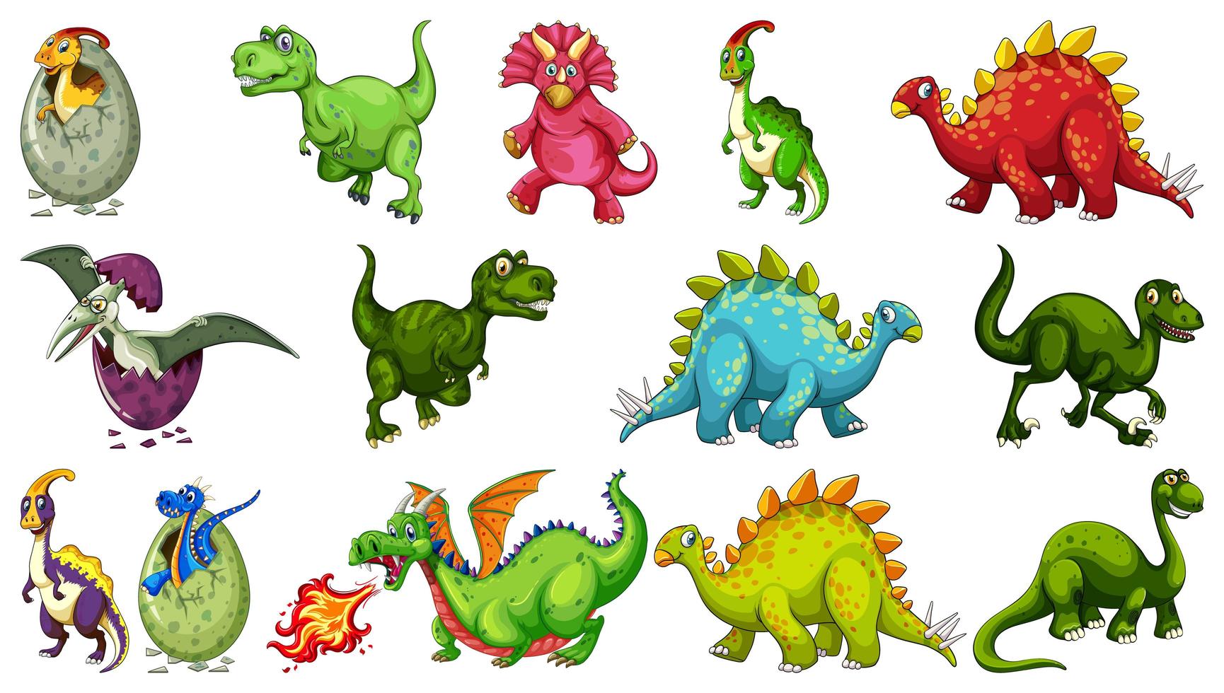 Conjunto de diferentes personajes de dibujos animados de dinosaurios aislado sobre fondo blanco. vector