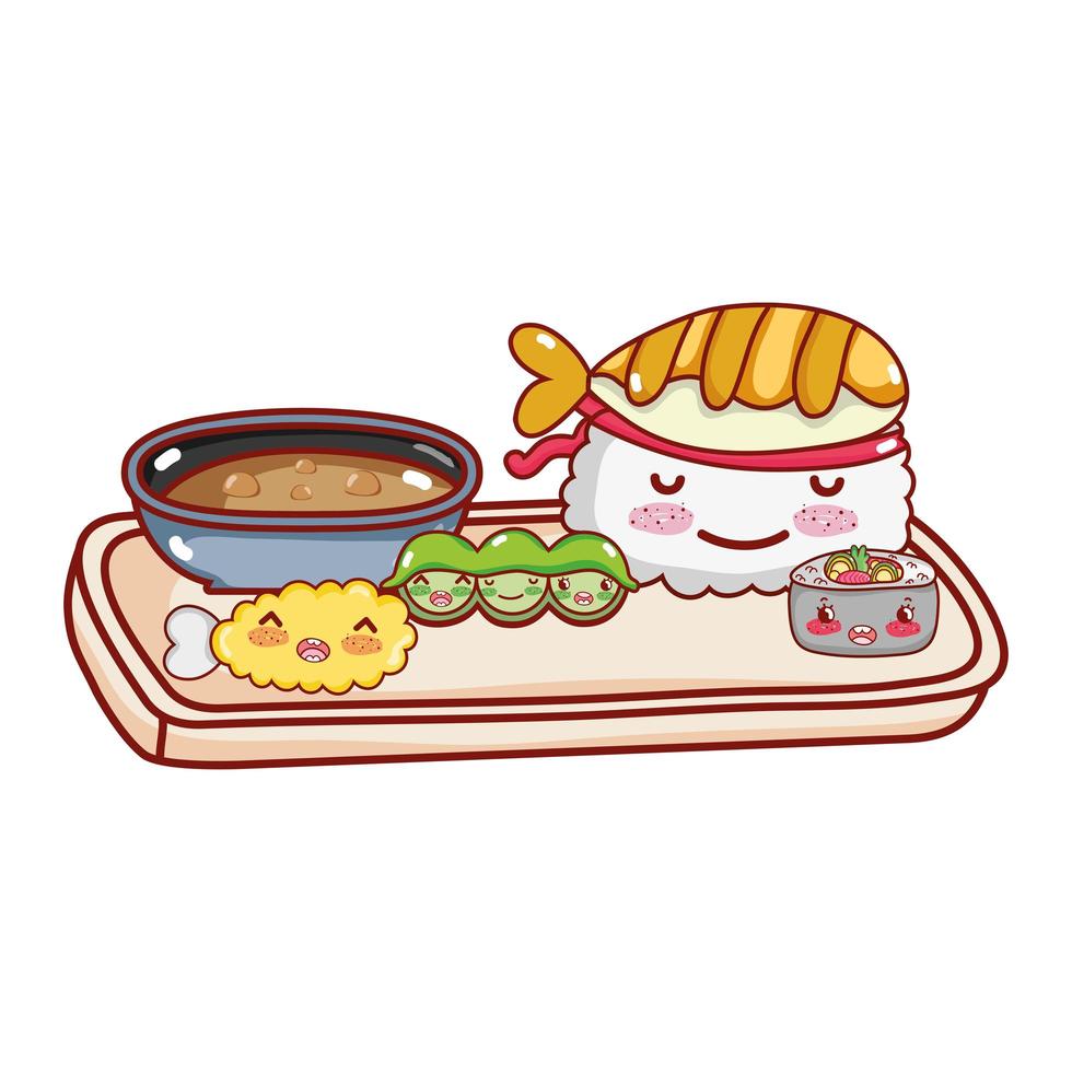 kawaii sushi guisantes tempura dibujos animados japoneses, sushi y rollos vector