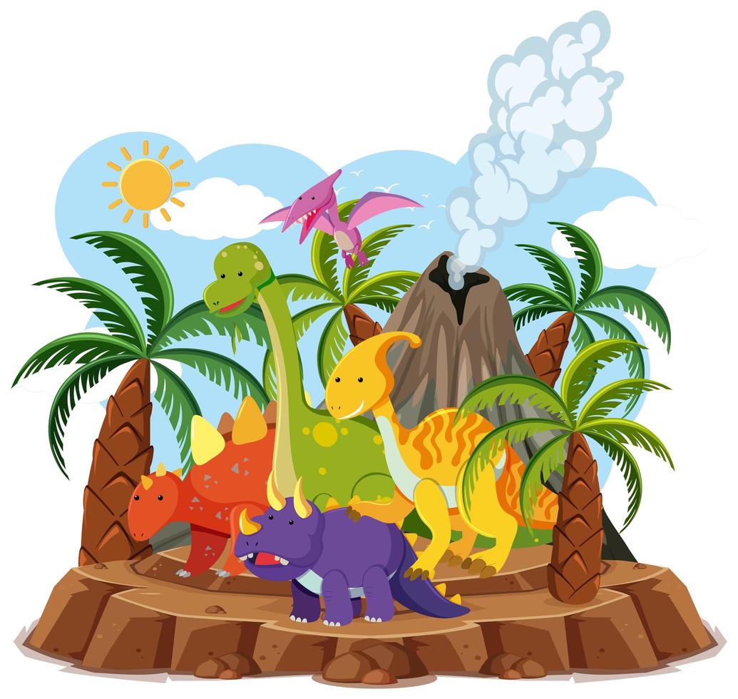 Cute dinosaurs with volcano erupting isolated on white background
