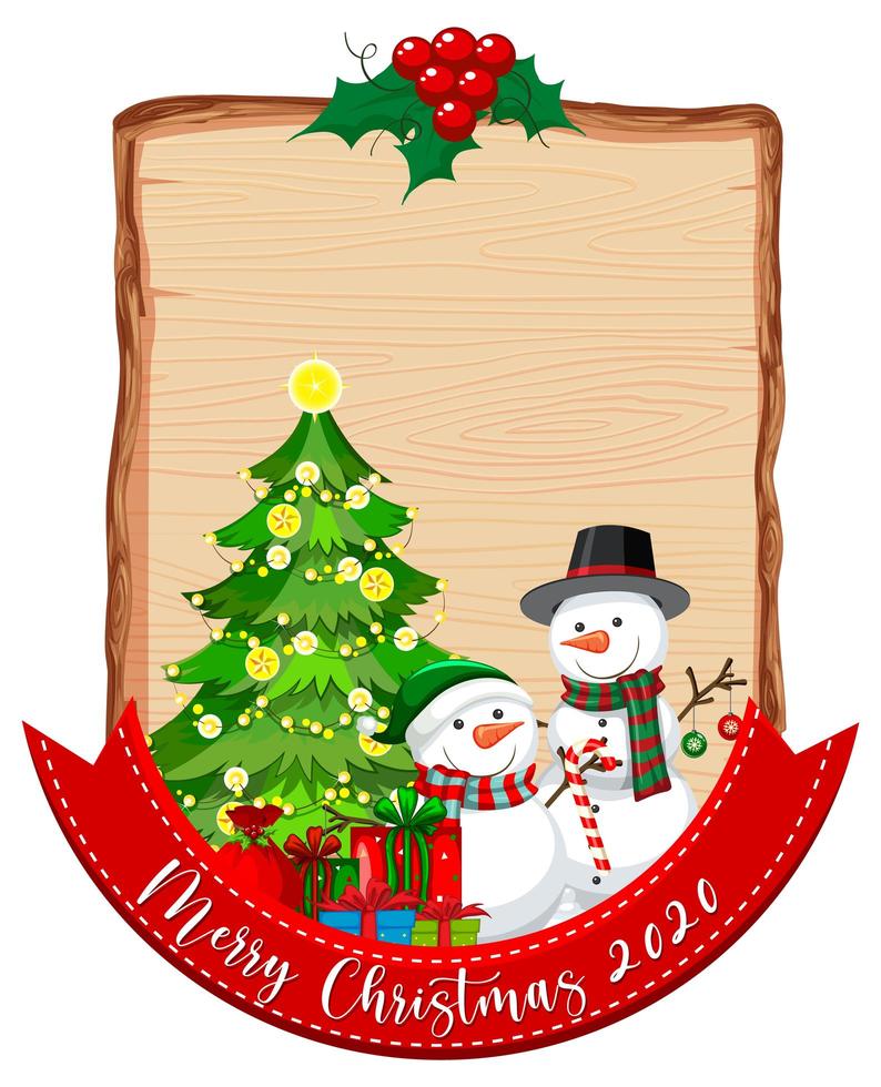 Blank wooden board with Merry Christmas 2020 font logo and snowman vector