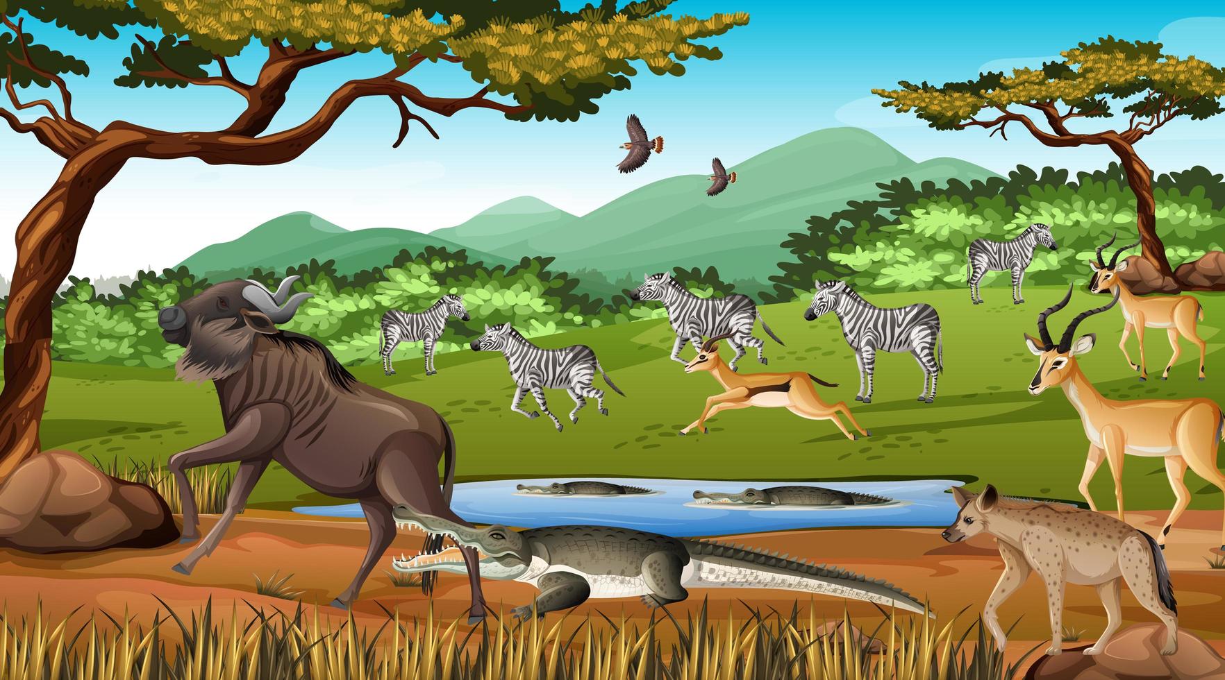 Grupo de animales salvajes africanos en la escena del bosque vector