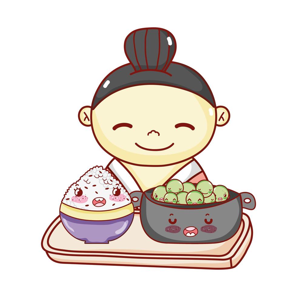 geisha with bowl and rice in tray food japanese cartoon, sushi and rolls vector