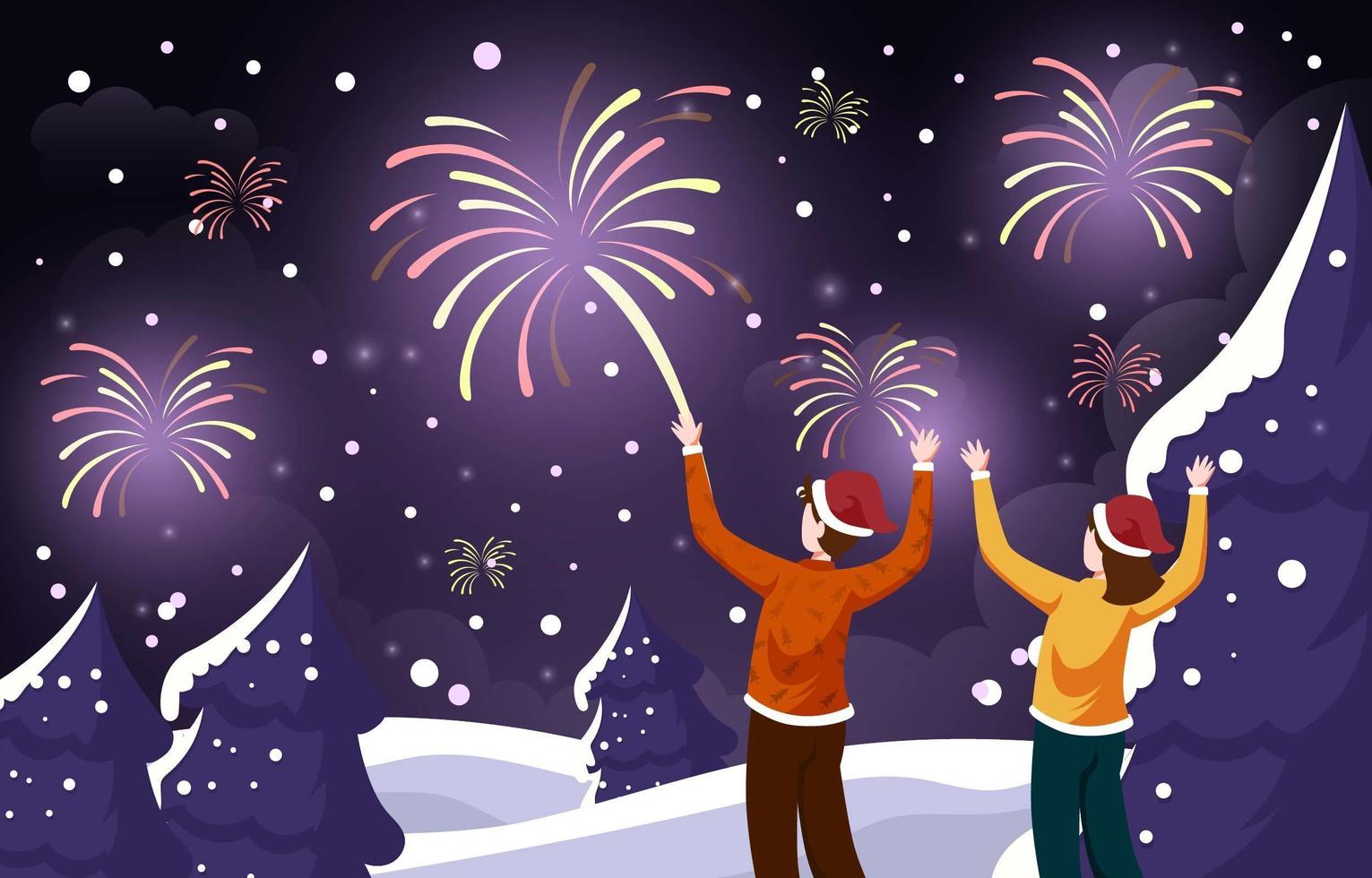 Couple Watching Fireworks on Snowy Outdoor vector