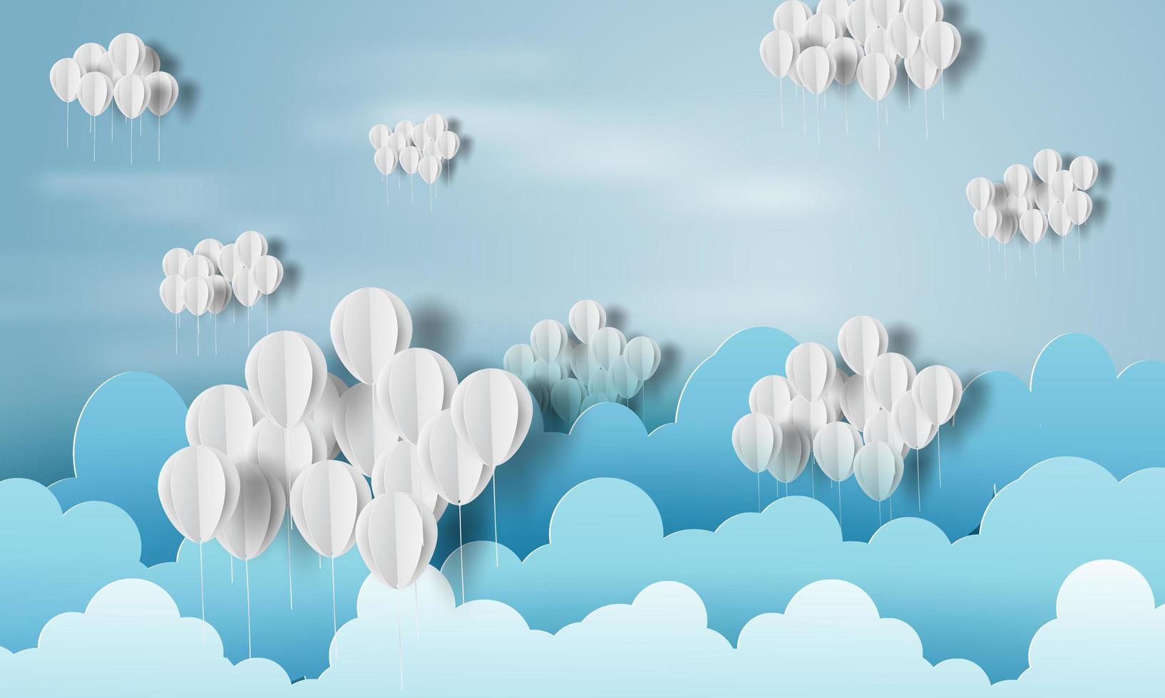 Arte de papel de globos como nubes en banner de cielo azul vector