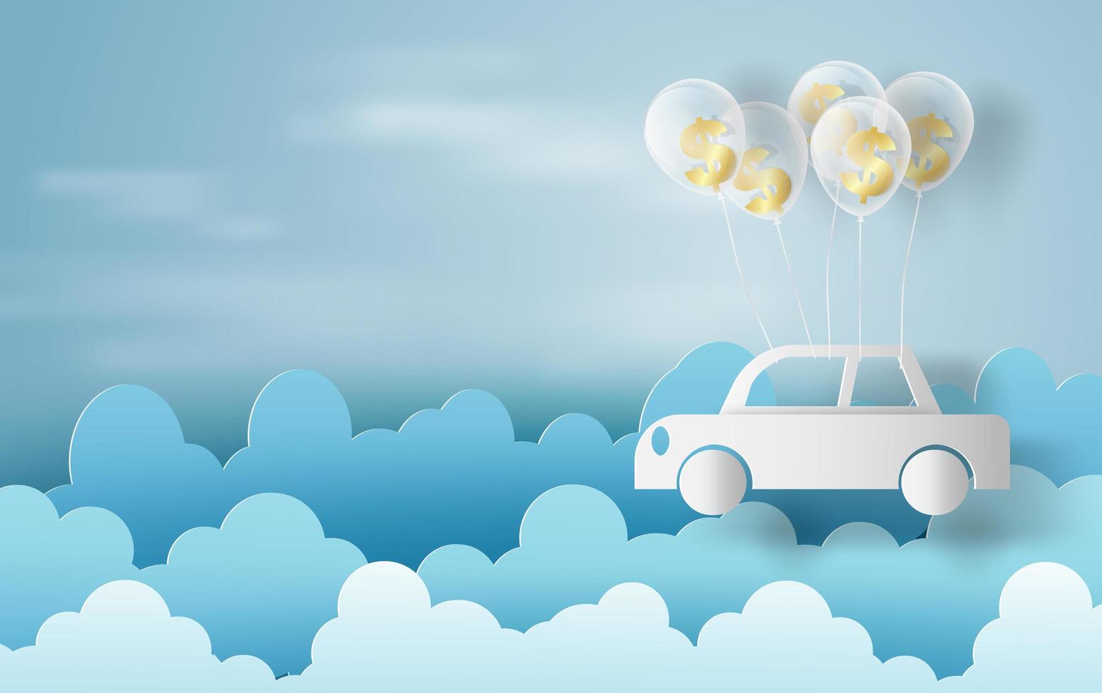 Arte de papel de globos como nubes en banner de cielo azul con coche vector