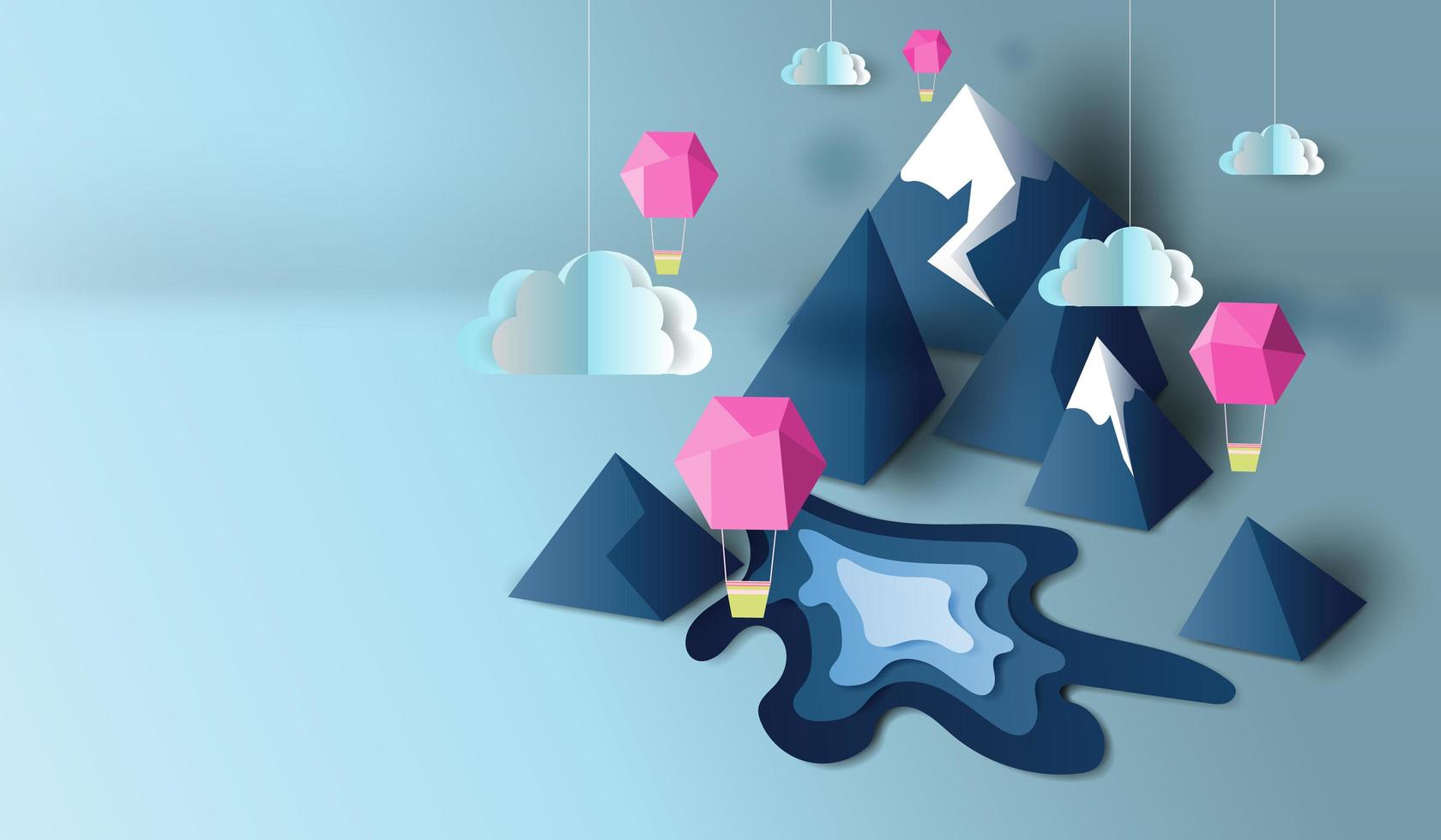 Paper cut art with 3D mountain view and balloons banner background vector