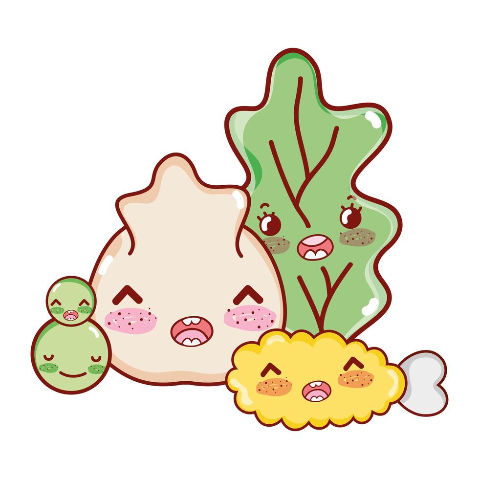 kawaii chicken tempura vegetables and dumpling japanese cartoon, sushi and rolls vector