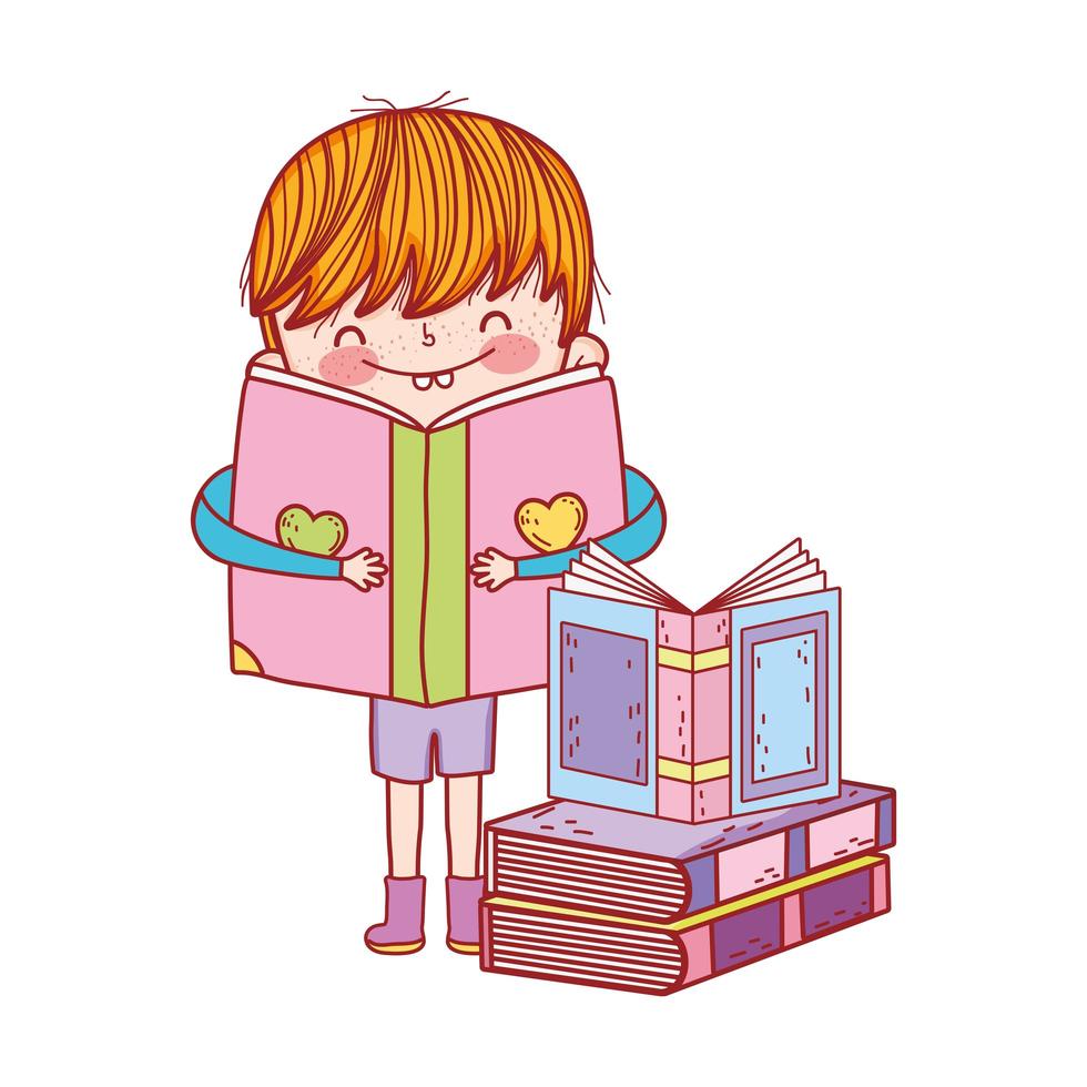 Cute little boy con libro abierto en libros de diseño aislado vector