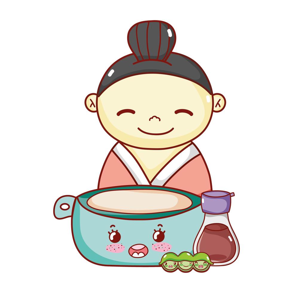 geisha with bowl sake and peas kawaii food japanese cartoon, sushi and rolls vector