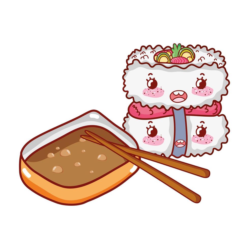 kawaii sushi arroz pescado salsa sitcks comida dibujos animados japoneses, sushi y rollos vector