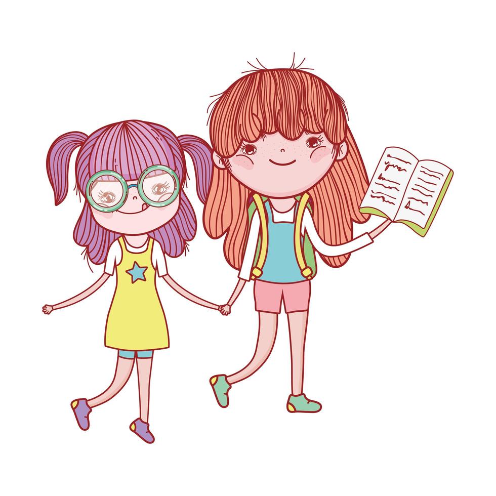 cute girl with glasses and girl with open book isolated icon vector