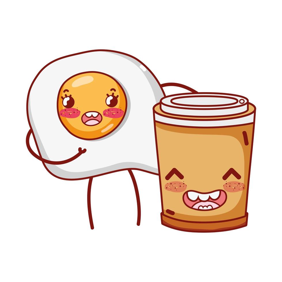 desayuno lindo huevo frito y taza de café de plástico dibujos animados vector