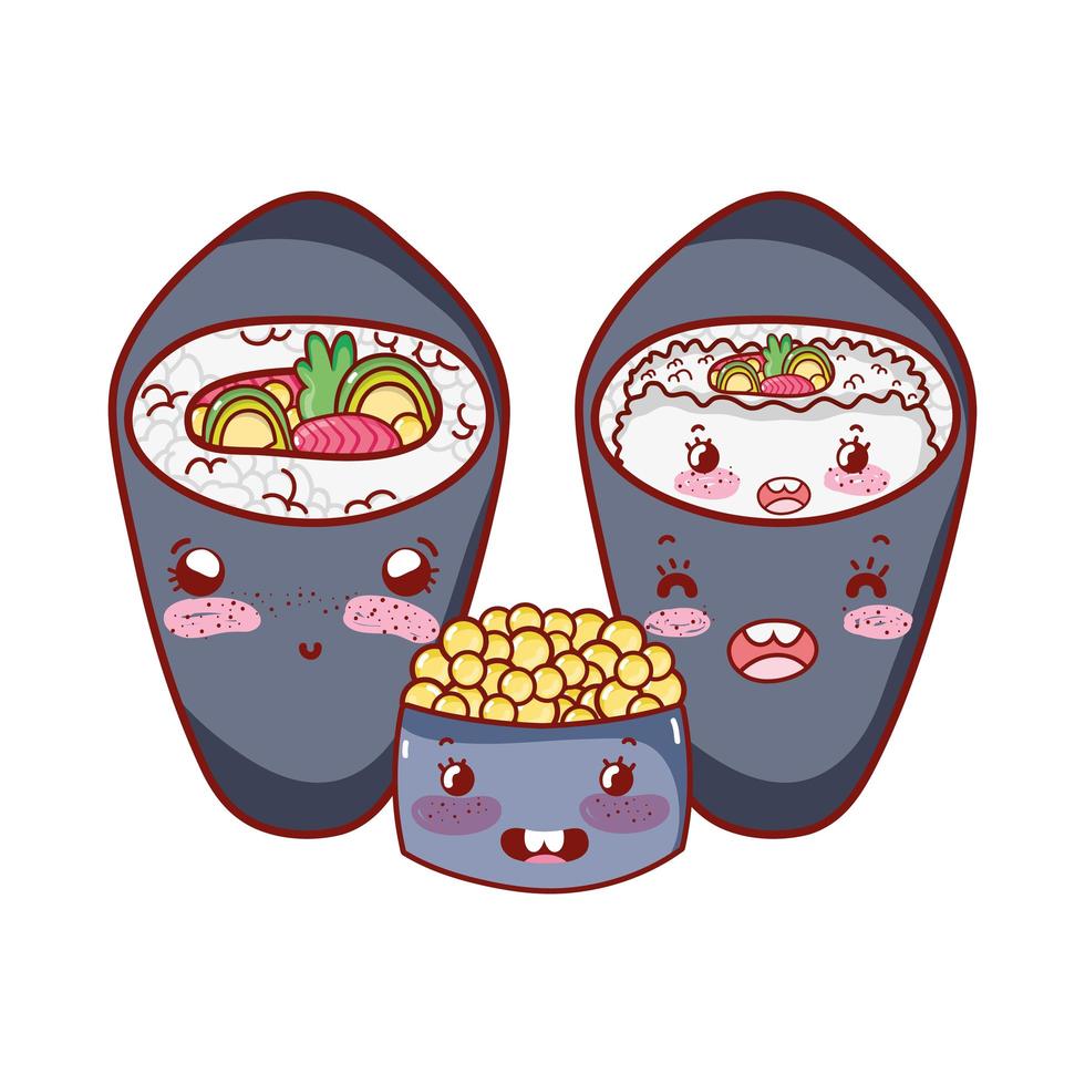 kawaii temaki sushi arroz ensalada caviar comida dibujos animados japoneses, sushi y rollos vector