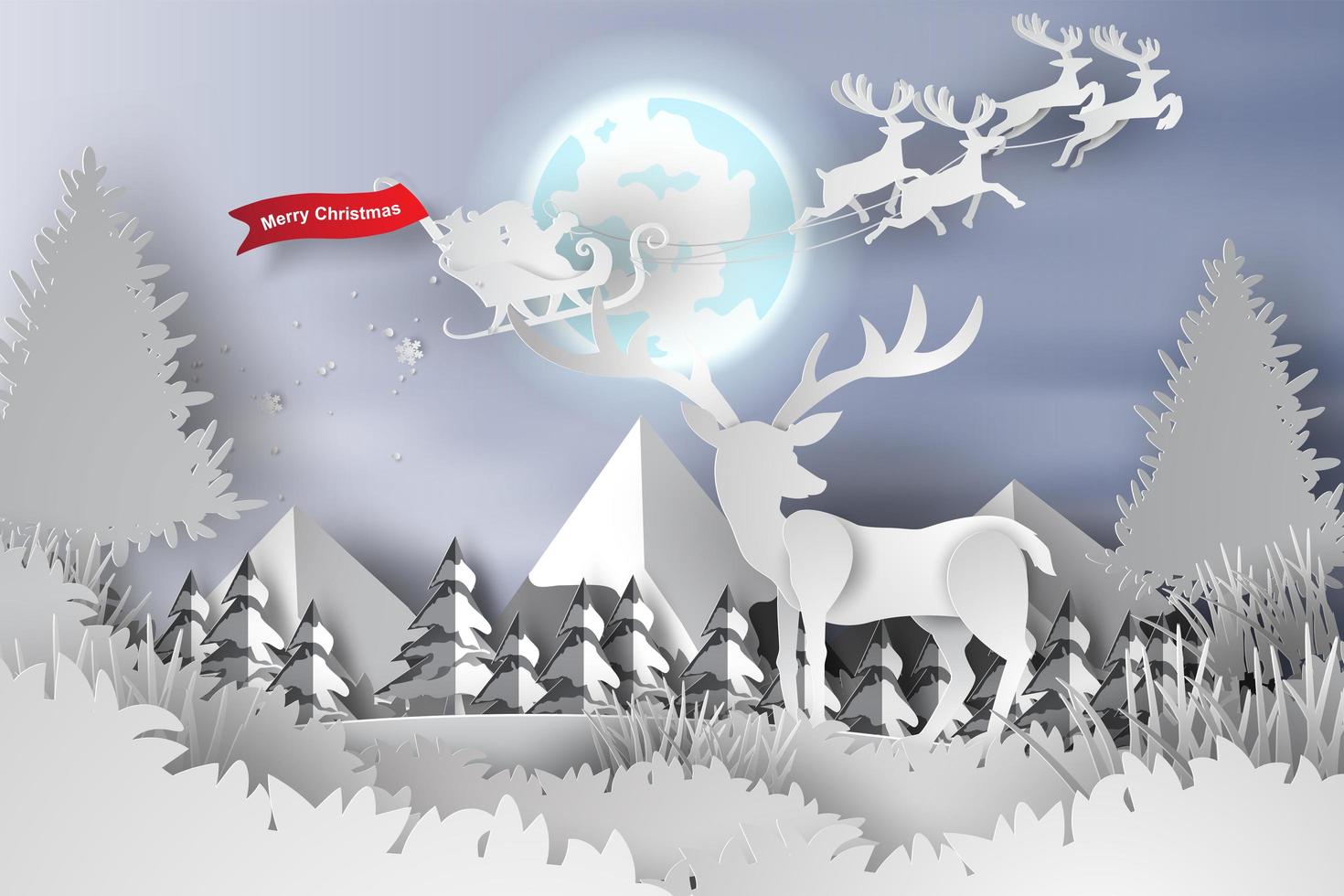 Merry Christmas and Happy new year paper cut banner with deer vector