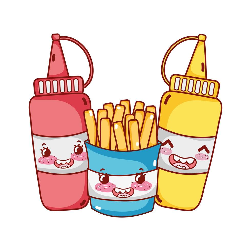 fast food cute french fries mustard and tomato sauce cartoon vector