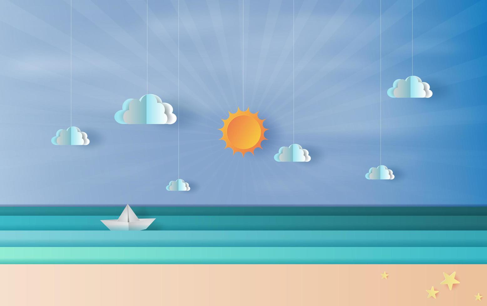 Paper art and craft style beach horizon banner background vector