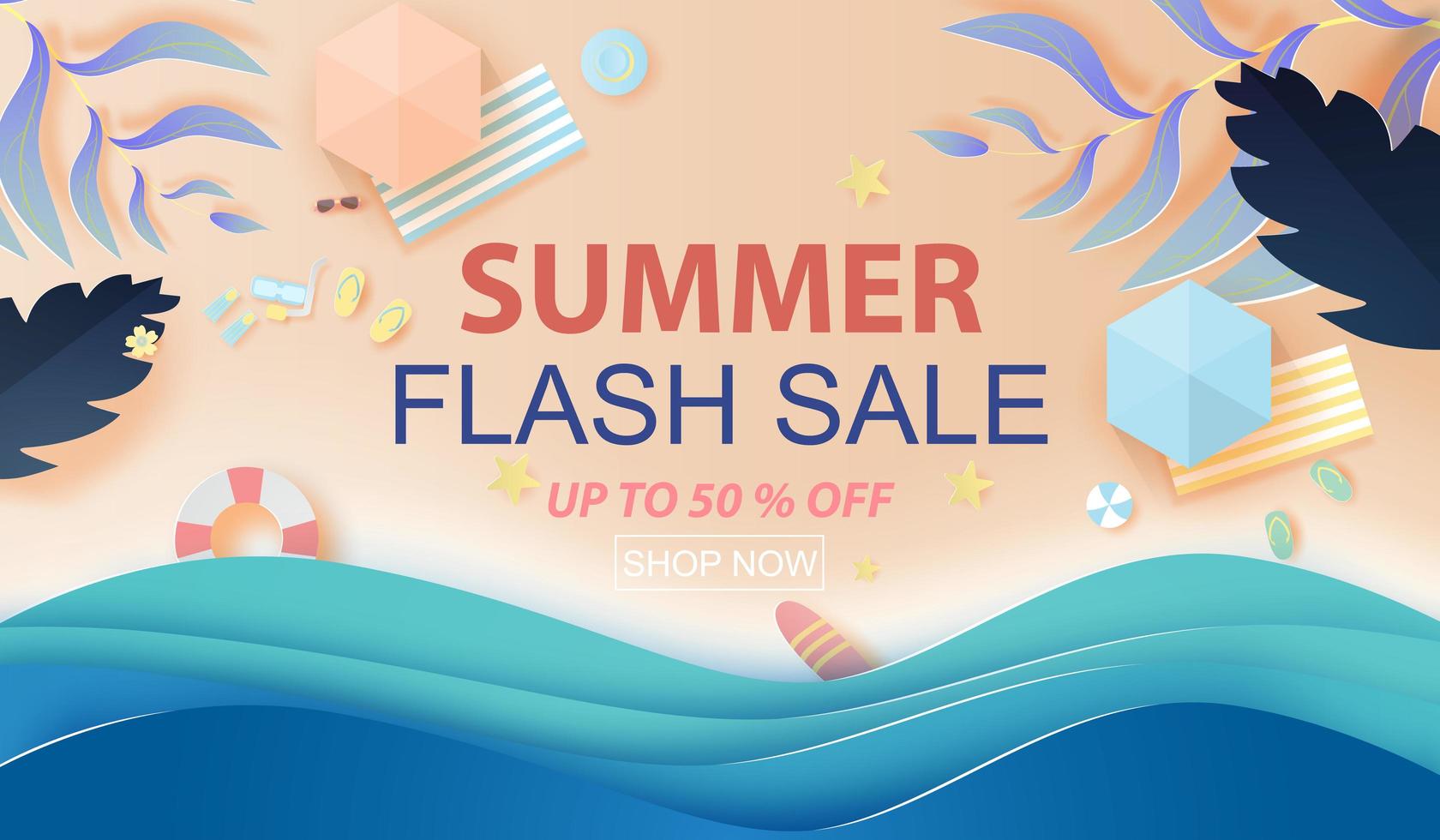 Paper art summer sale banner with beach top view background vector