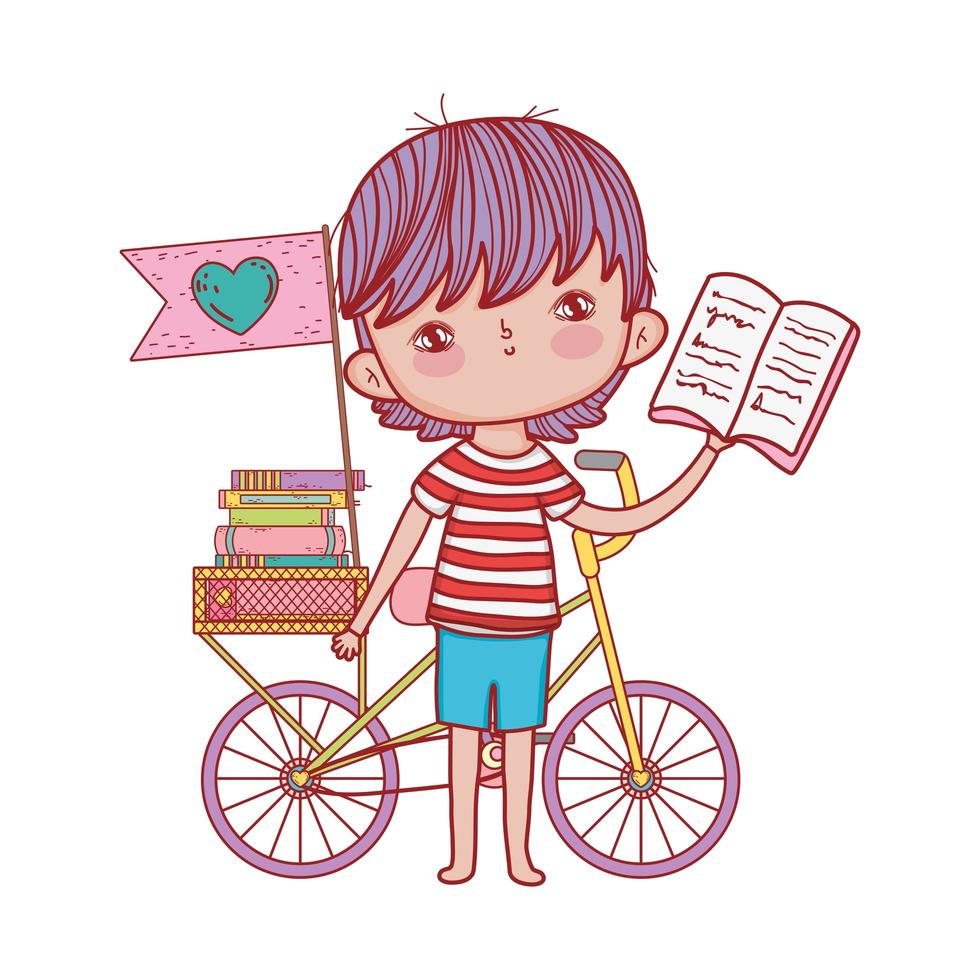 Chico lindo libro de lectura con bicicleta libros apilados bandera diseño aislado vector