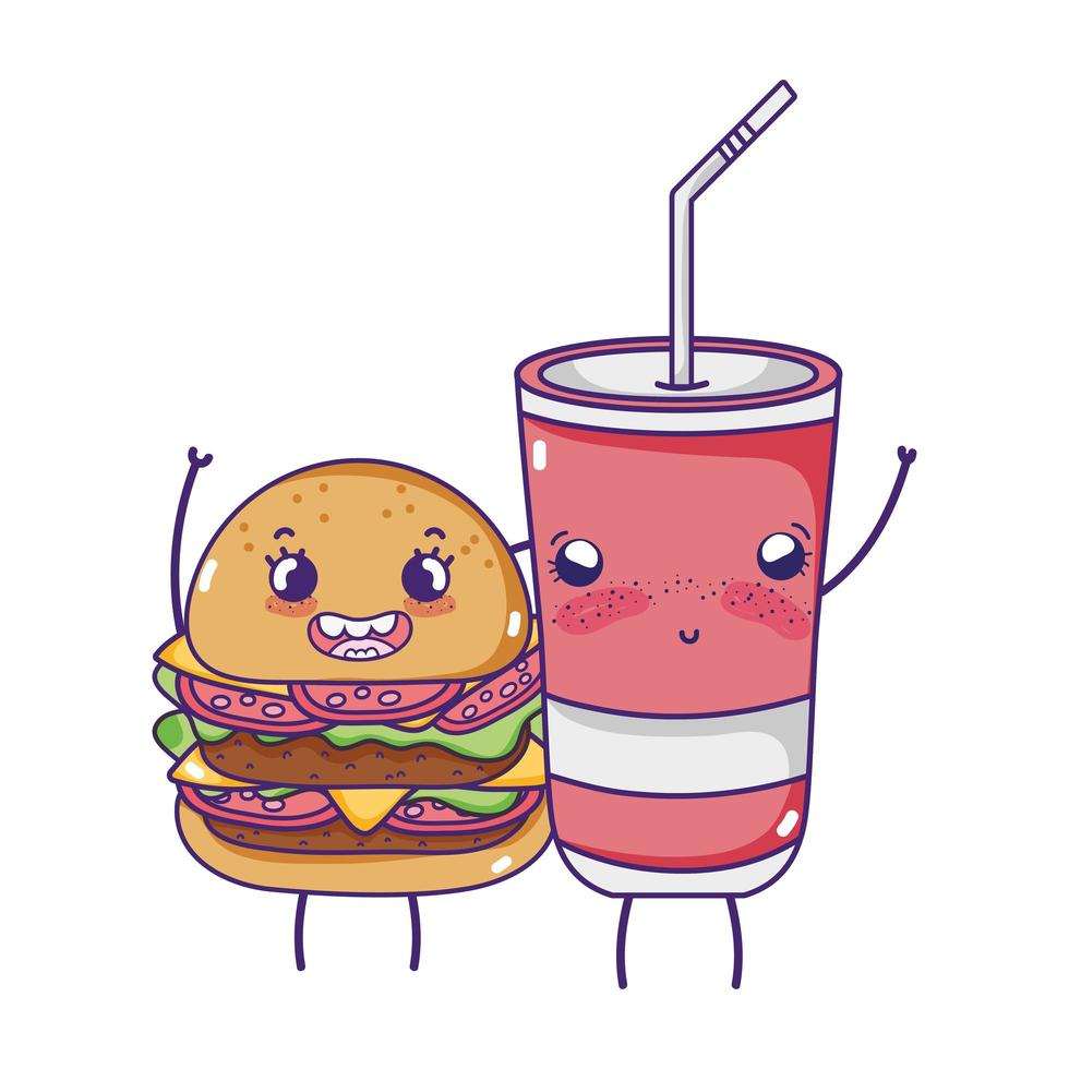 fast food cute tasty burger plastic cup and cartoon vector