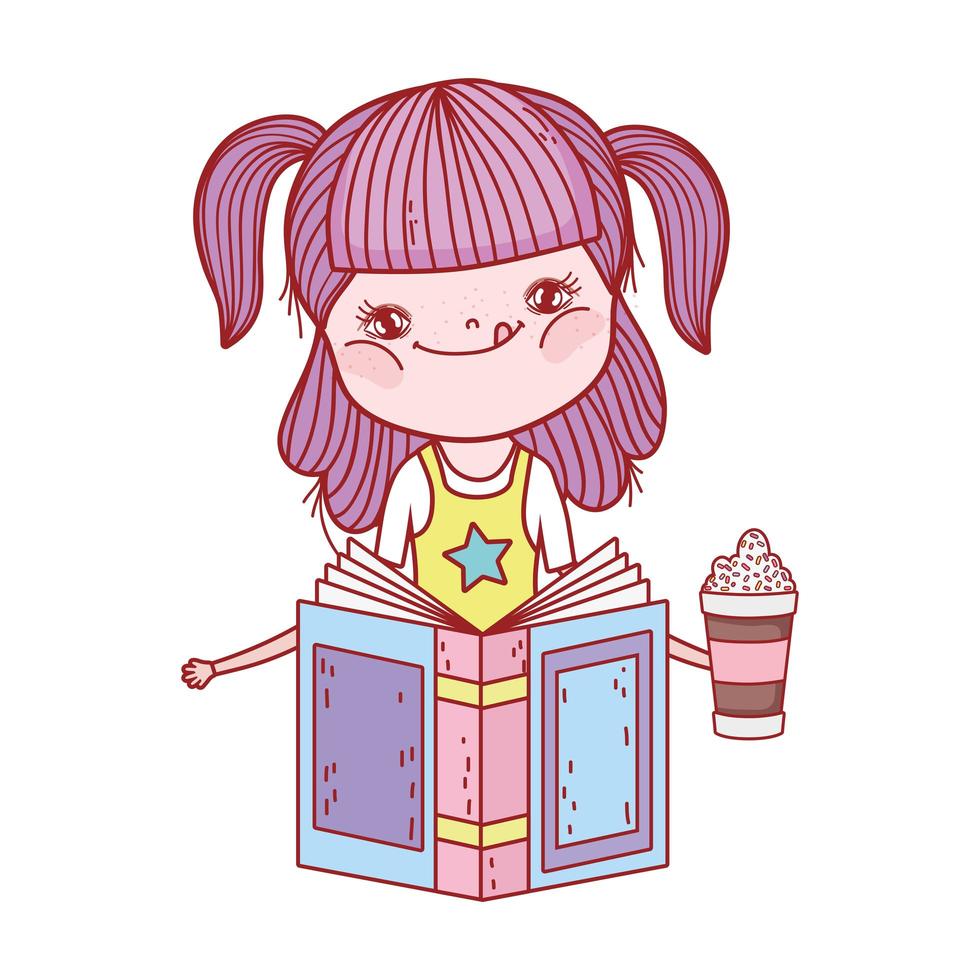 little girl reading book literature with frape in hand cartoon vector