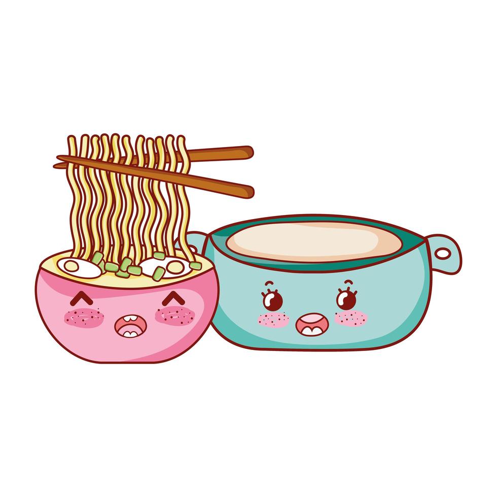 fideos kawaii en sopa y comida de olla dibujos animados japoneses, sushi y rollos vector