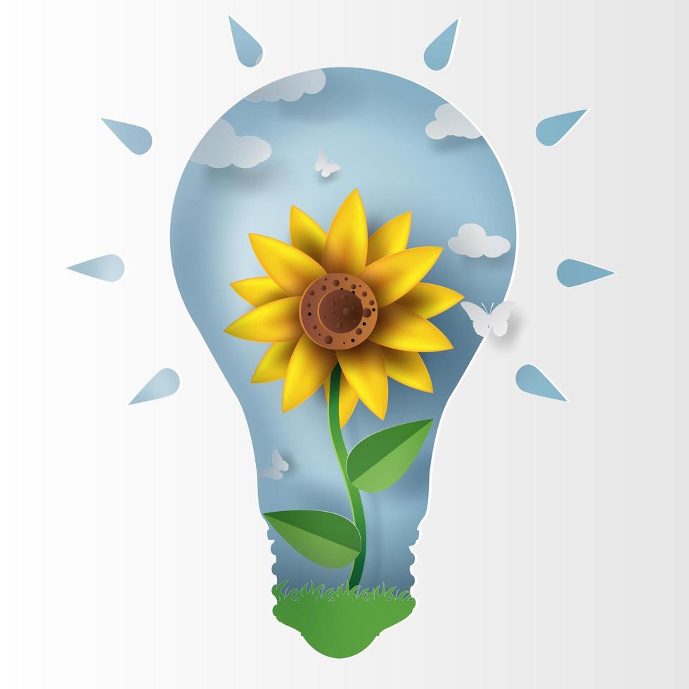 paper art with sunflower and light bulb vector