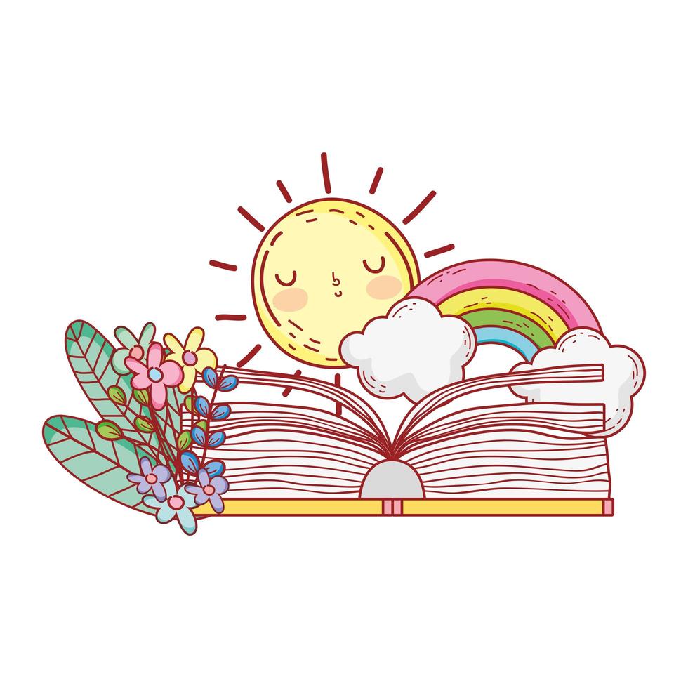 libro abierto arco iris nubes sol flores follaje vector