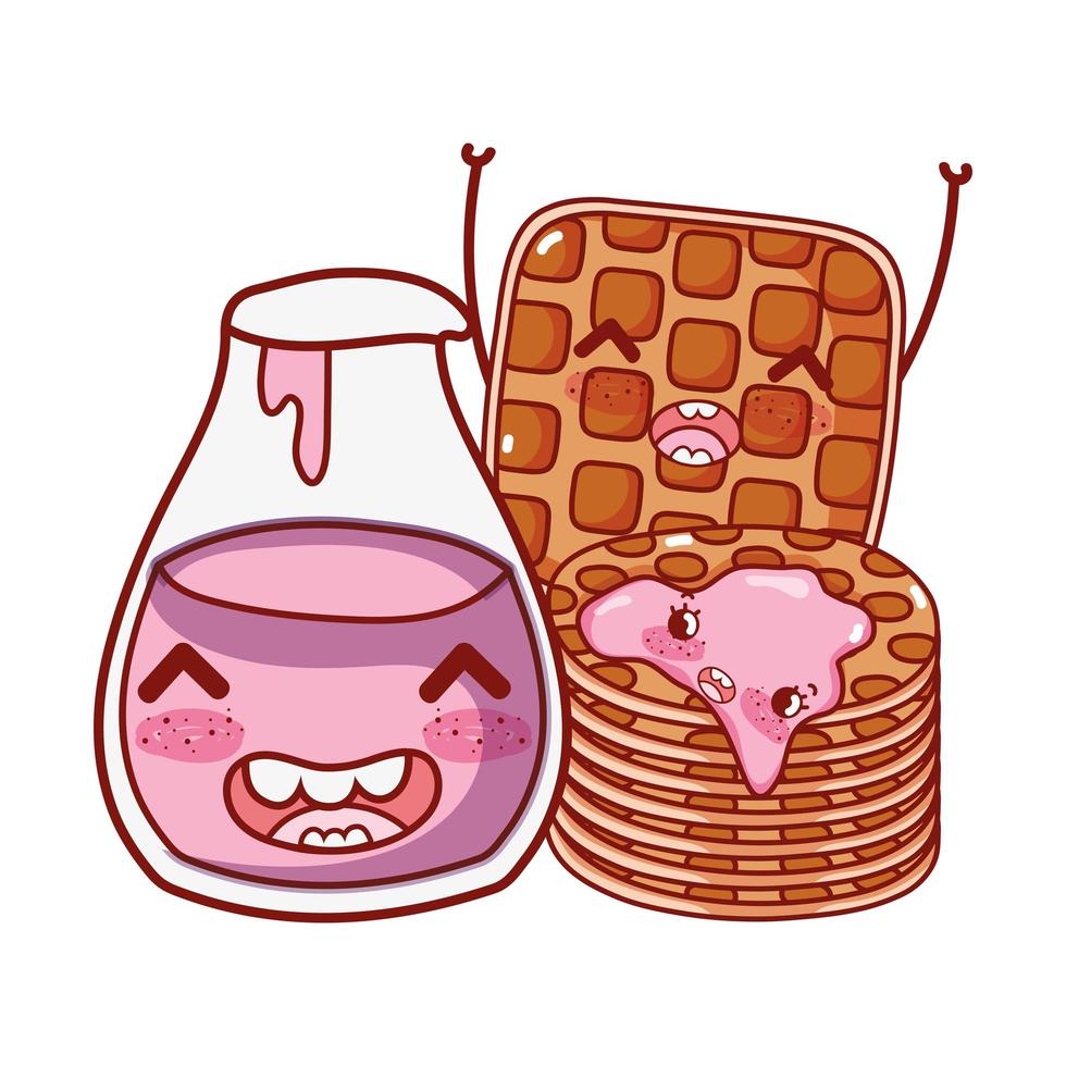 breakfast cute pancakes and waffle with yogurt bottle cartoon vector